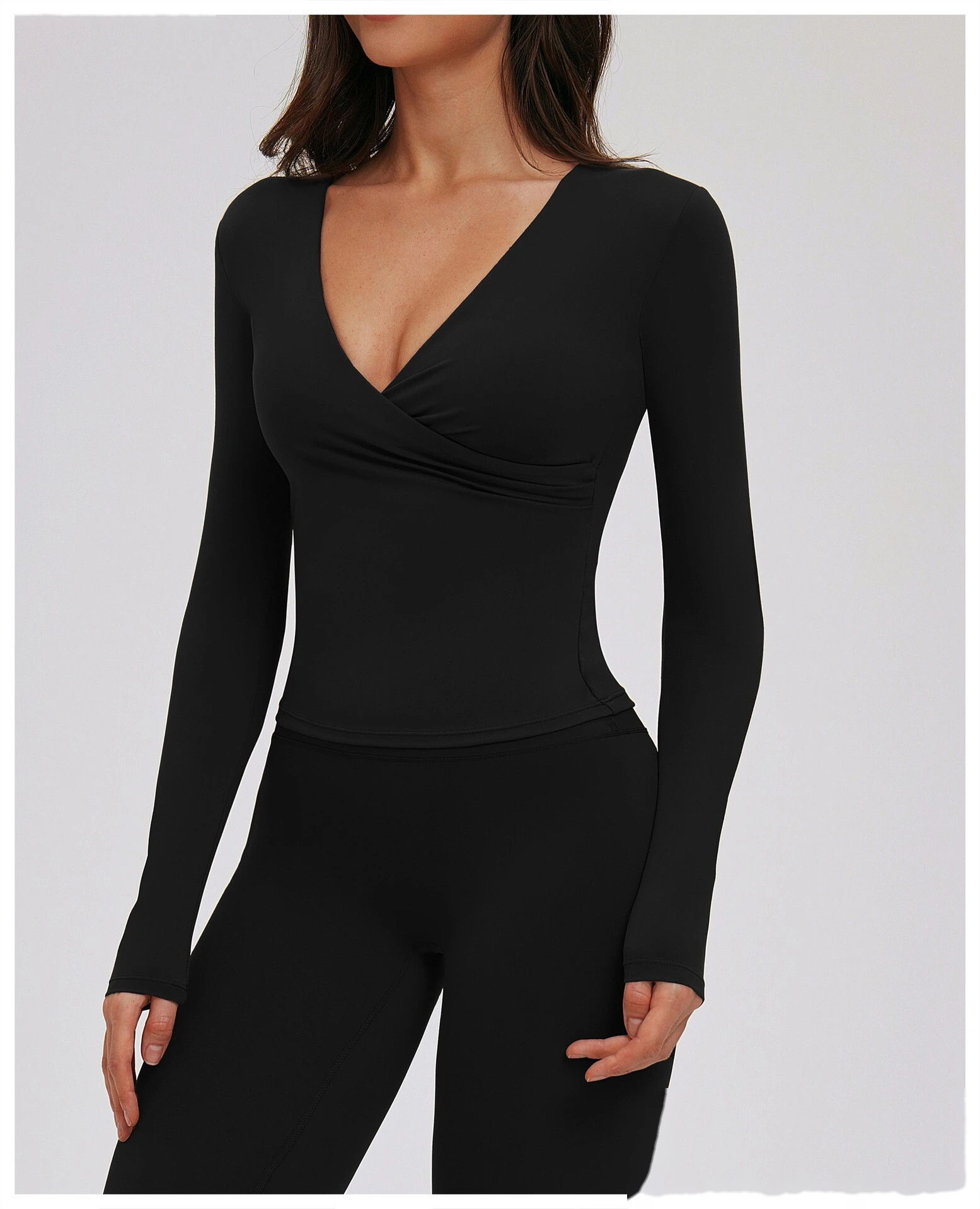 Custom Yoga Long Sleeve Top - Women's V-Neck Pilates Workout Shirt for Running & Fitness detail