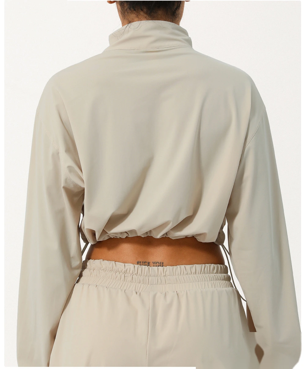 Customized semi-zipper turtleneck sunscreen yoga suit jacket UV-proof outdoor drawstring hooded sun-protective clothing detail