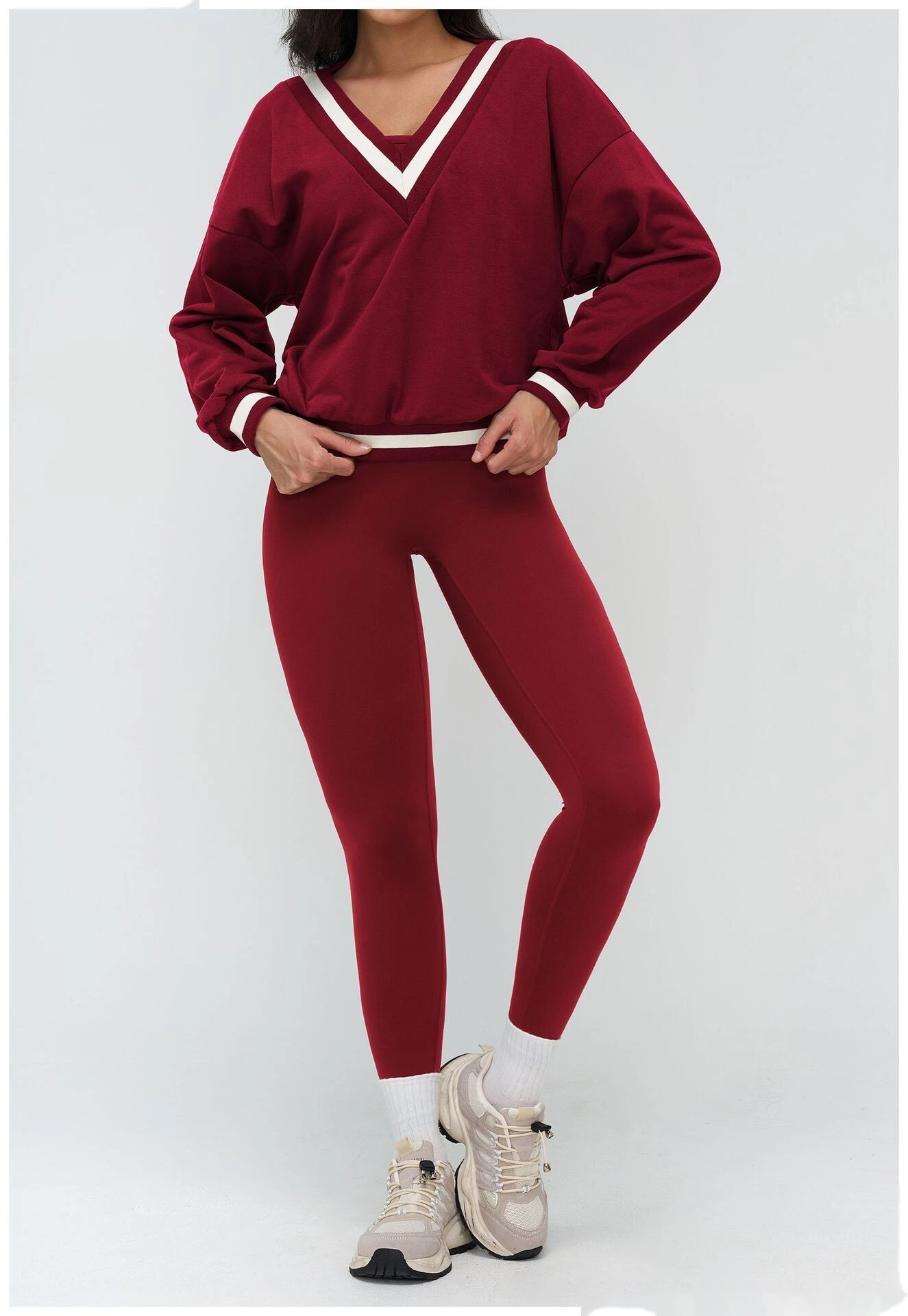 Bulk Custom V-Neck Casual Hoodie - Color Block Loose Fit Outdoor Sports Running Sweatshirt detail