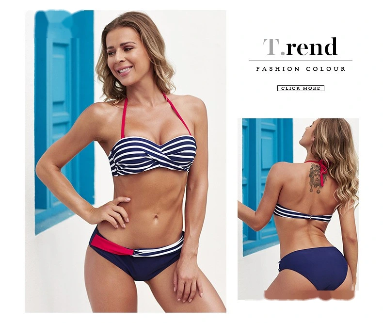 Womens bikini swimsuit stripe halter two-piece bathing suits detail