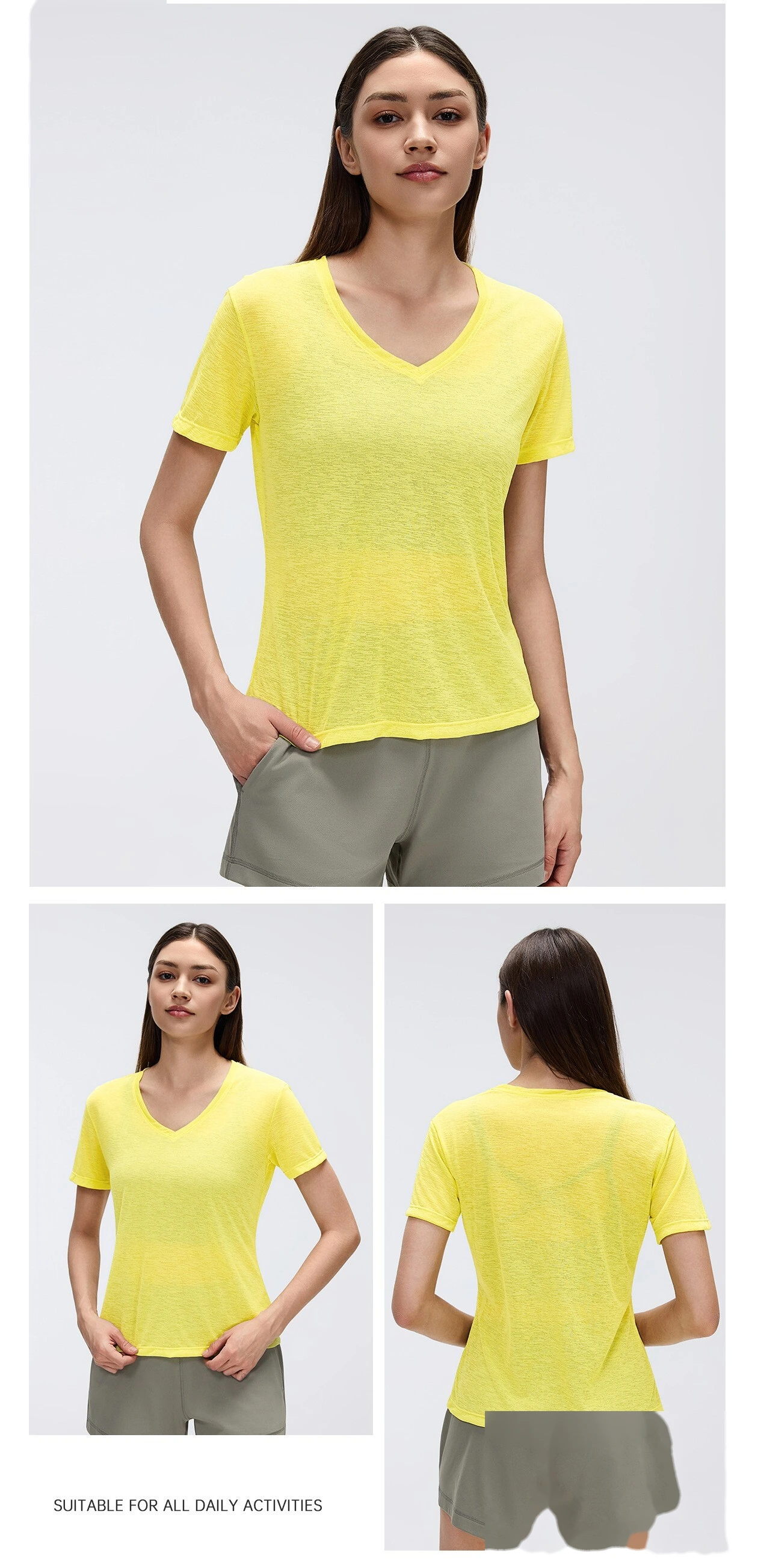 Bulk Custom V-Neck Yoga T-Shirt - Women's Summer Bamboo Yarn Lightweight Quick-Dry Gym Running Activewear detail