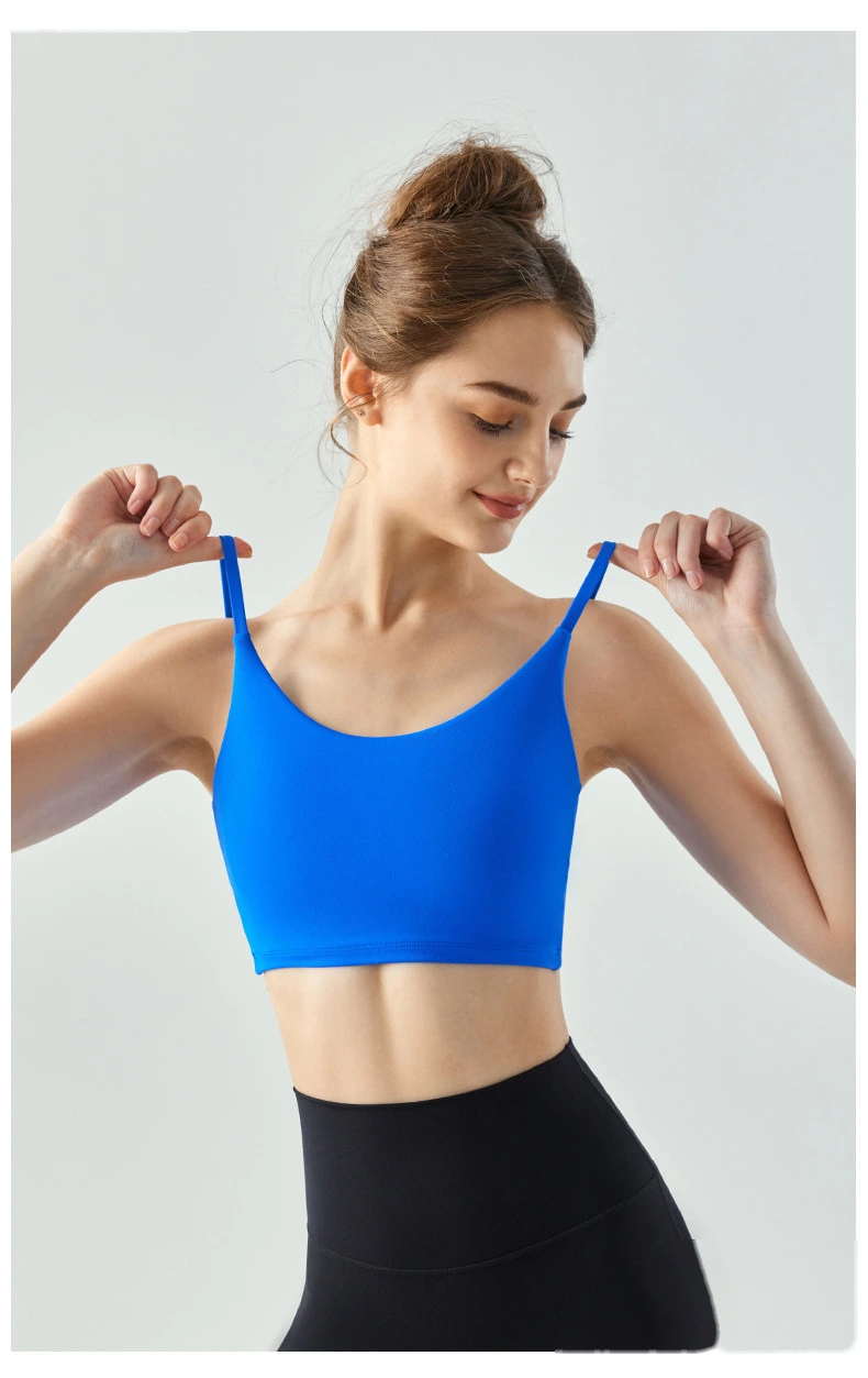 Women U neck spaghetti strap padded crop vest running fitness sports bra detail