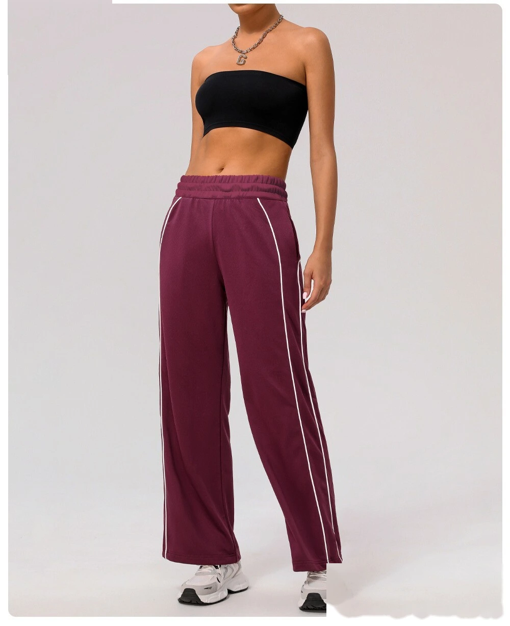 Custom leisure sports pants contrast American loose straight pants women's pocket yoga hip fitness wide-leg pants detail