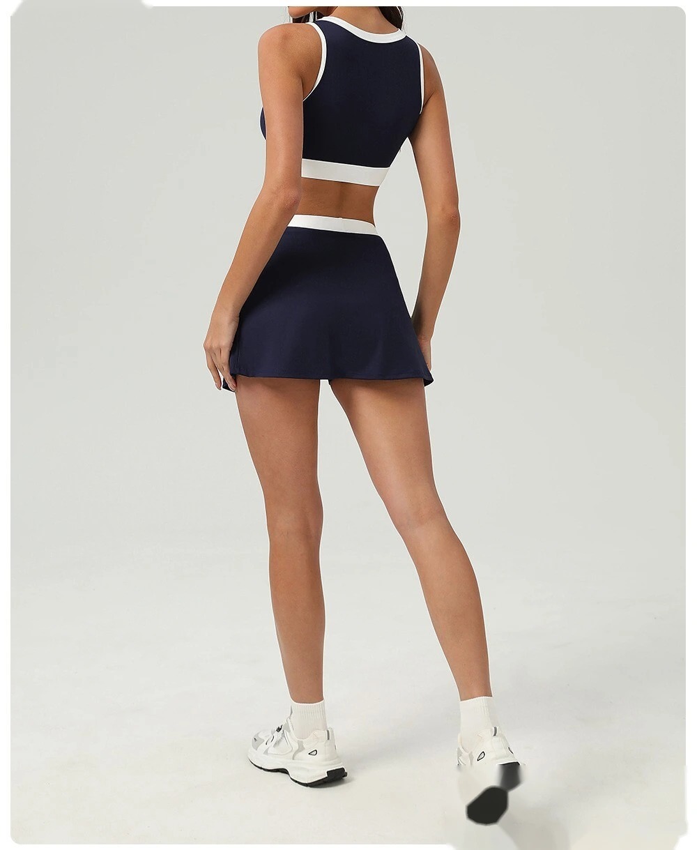 Contrast-color quick-drying tennis skirt, outdoor sports, slit opening and light exposure prevention detail