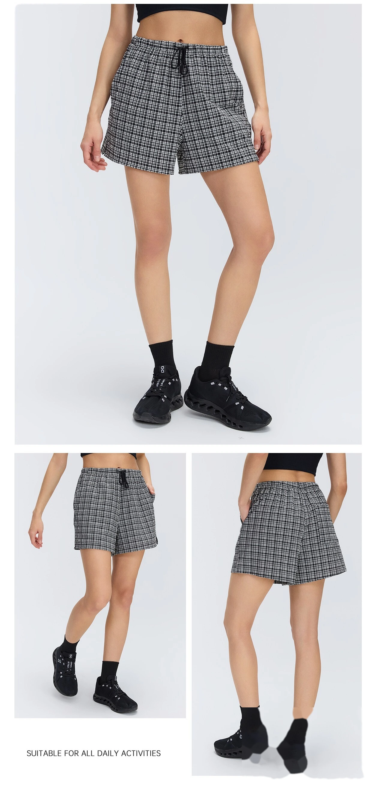 Custom Women's Plaid Athletic Shorts Lightweight Breathable Quick Dry Workout Running Shorts detail