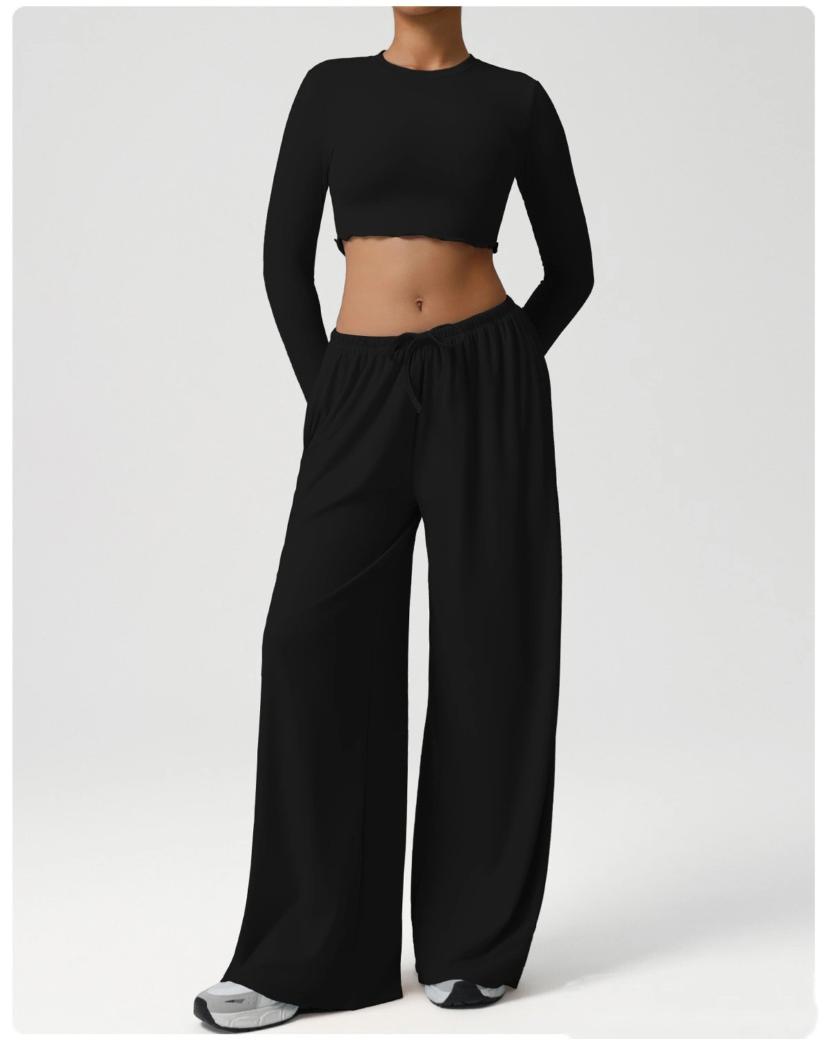 Custom wide-leg women's sweatpants loose low waist fitness pants elastic leisure yoga belt pocket detail