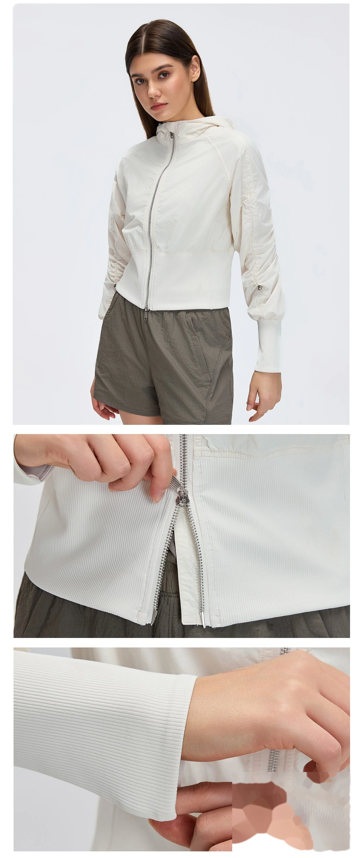 Bulk Custom Cropped Windproof Jacket - Women's Ruched Waist Slimming Hooded Zip-Up Casual Coat detail