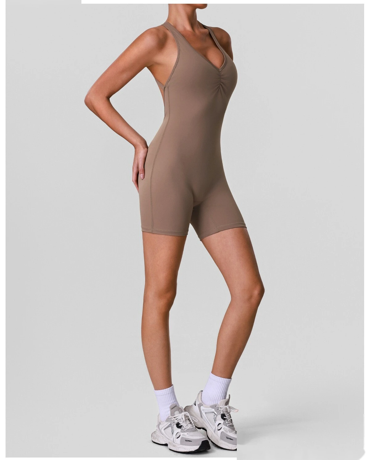 Custom Women’s Crisscross Beauty Back Yoga Romper V-Neck with Chest Pads High Stretch Fitness Short Jumpsuit detail