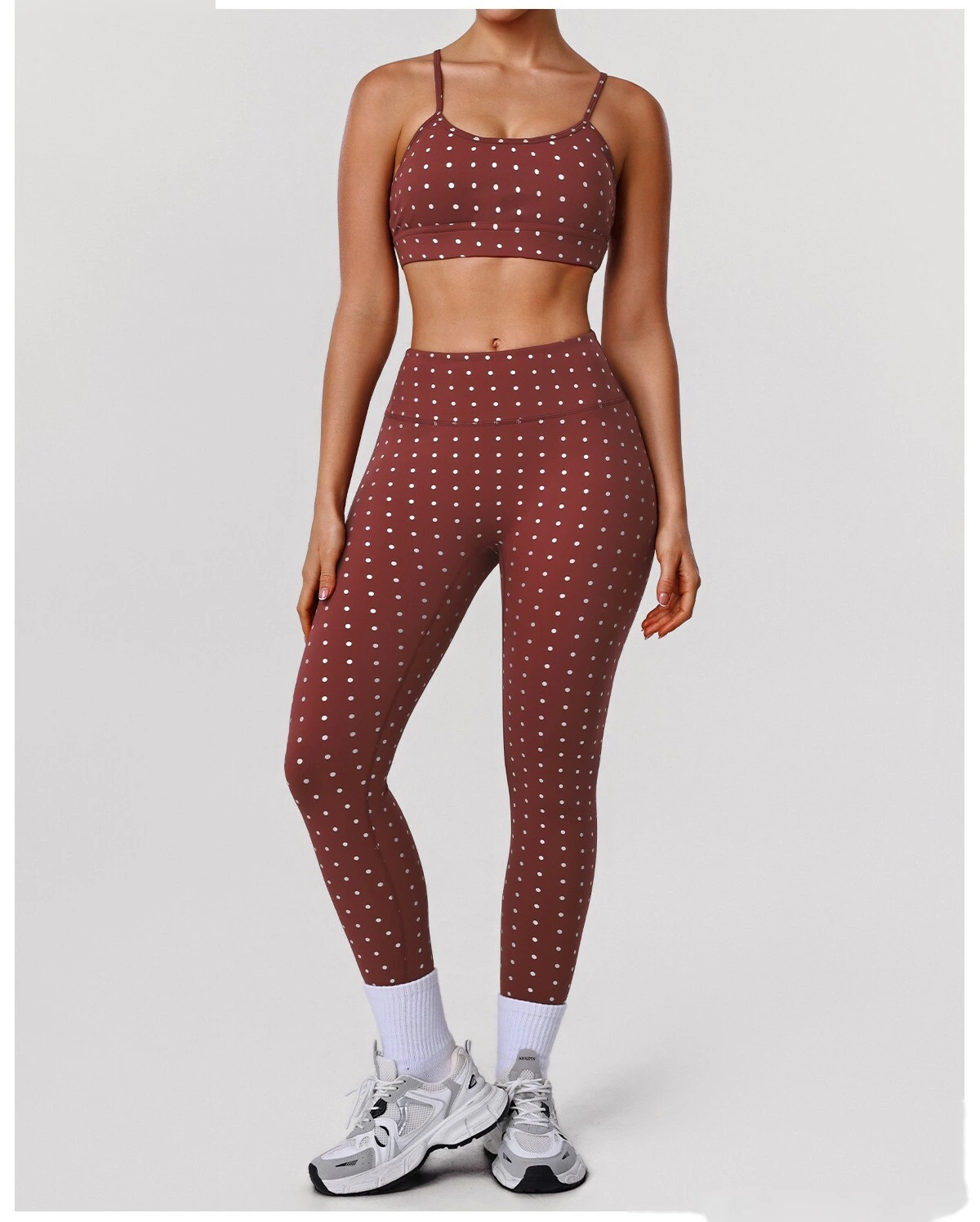 Women's US/EU Thin Strap Yoga Bra - Customizable Silver Hot-Stamped Polka Dot Shockproof High-Elastic Fitness Bra detail