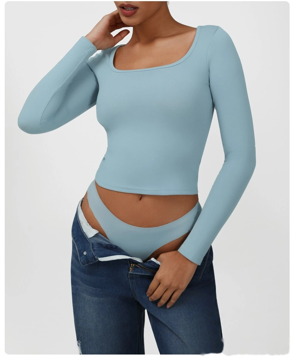 Customized high elastic tight T-shirt casual square collar sexy solid color long sleeve yoga sports shirt detail
