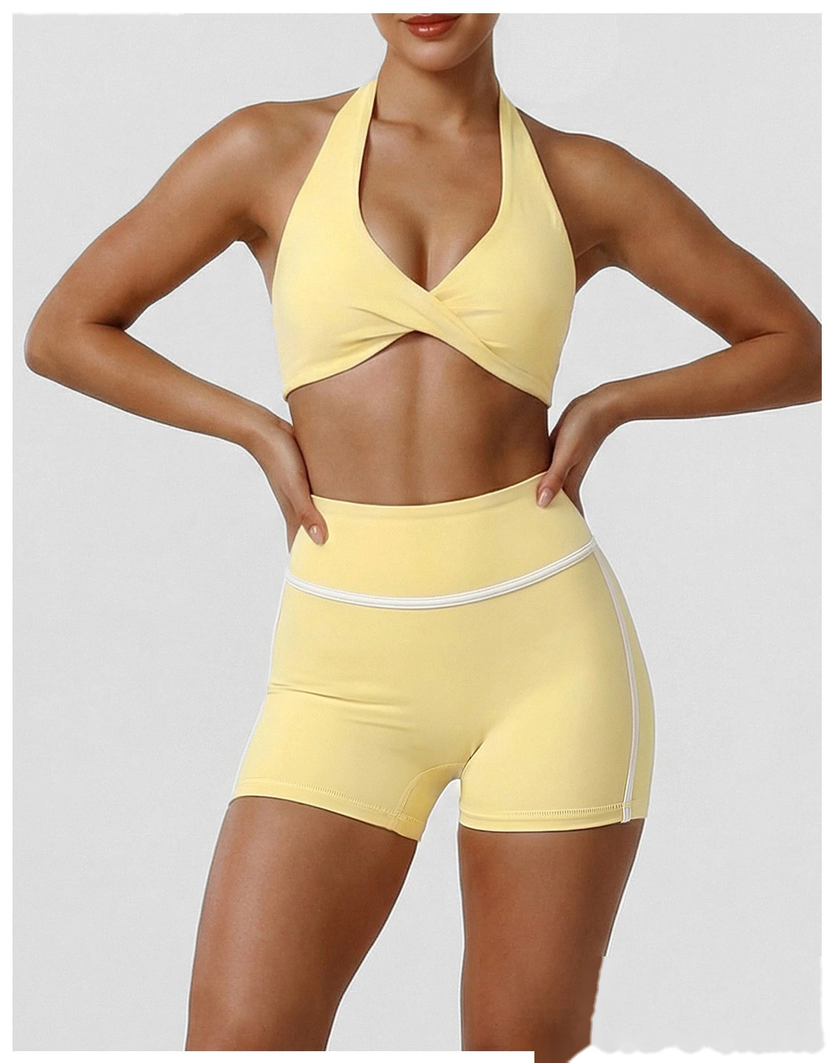 New Summer Women's Active Set, Halter Beauty Back Sports Bra with High Waist Tummy Control Workout Shorts detail