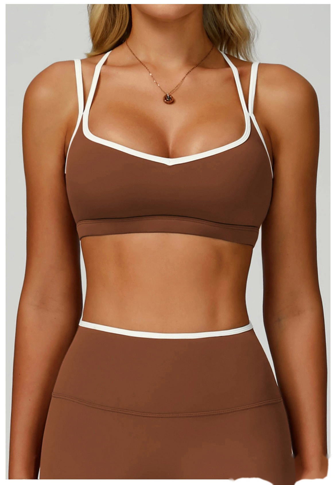 Custom contrast nude tight cross back sports vest running fitness yoga bra detail
