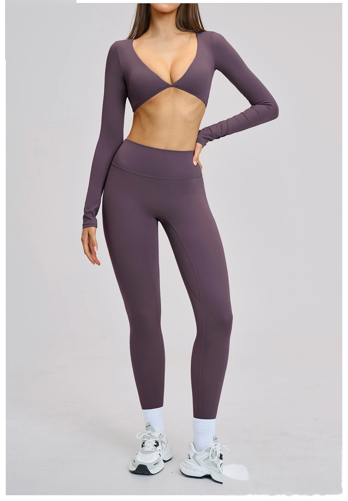 Women’s Custom Long Sleeve V-Neck Cropped Yoga Top Outdoor Fitness Workout Running Active Set detail