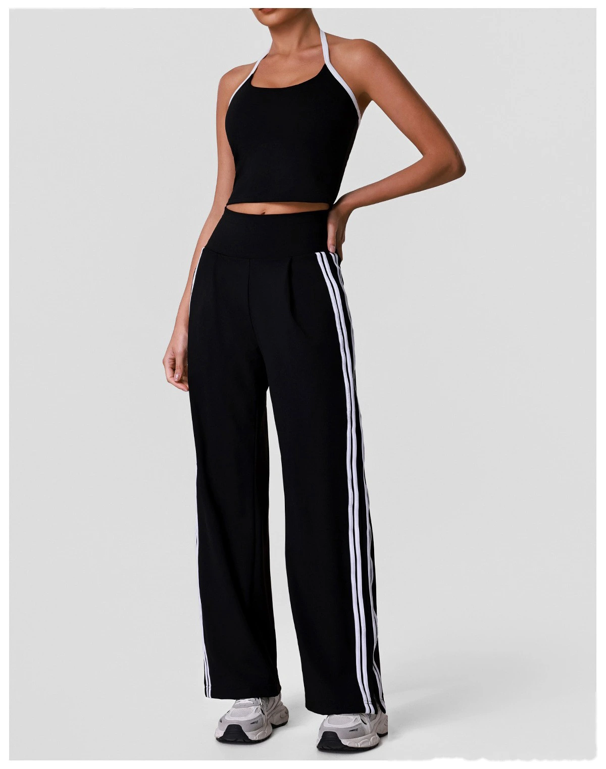 Halter Padded Sports Vest & Color Block Striped Wide Leg Pants Set for Women, Fitness Running Workout Suit detail