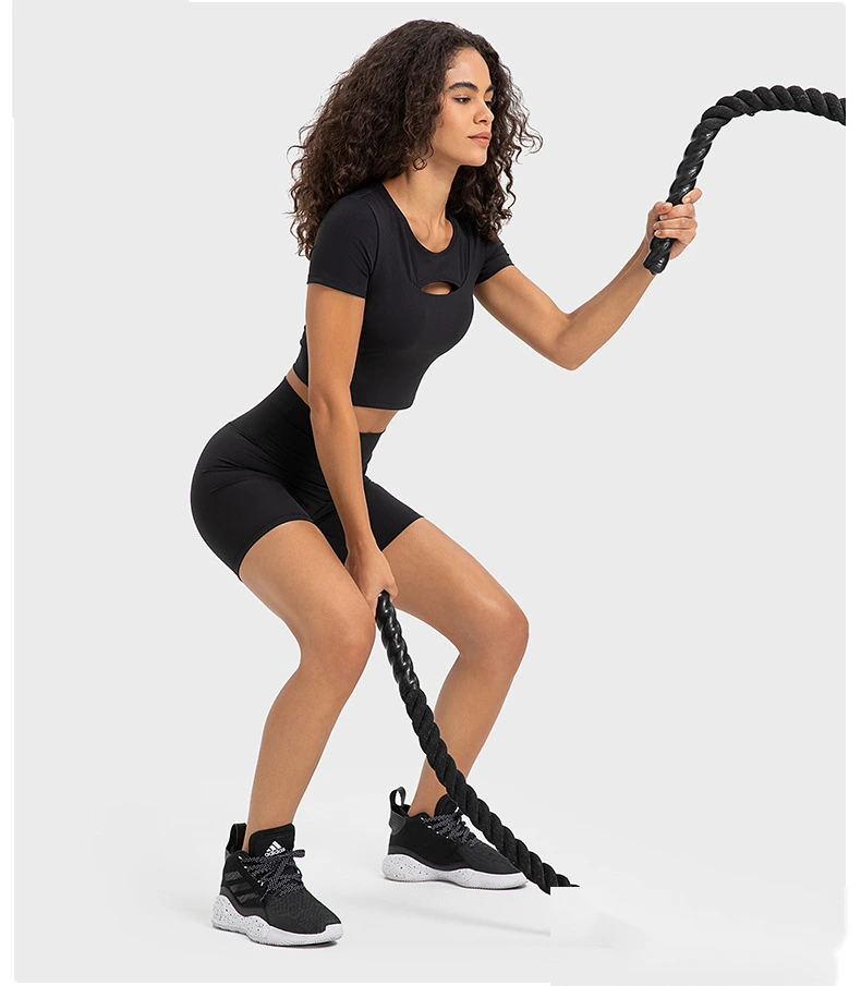 Customized rib sexy hollow short sports T-shirt women with chest pad slim yoga short sleeves detail