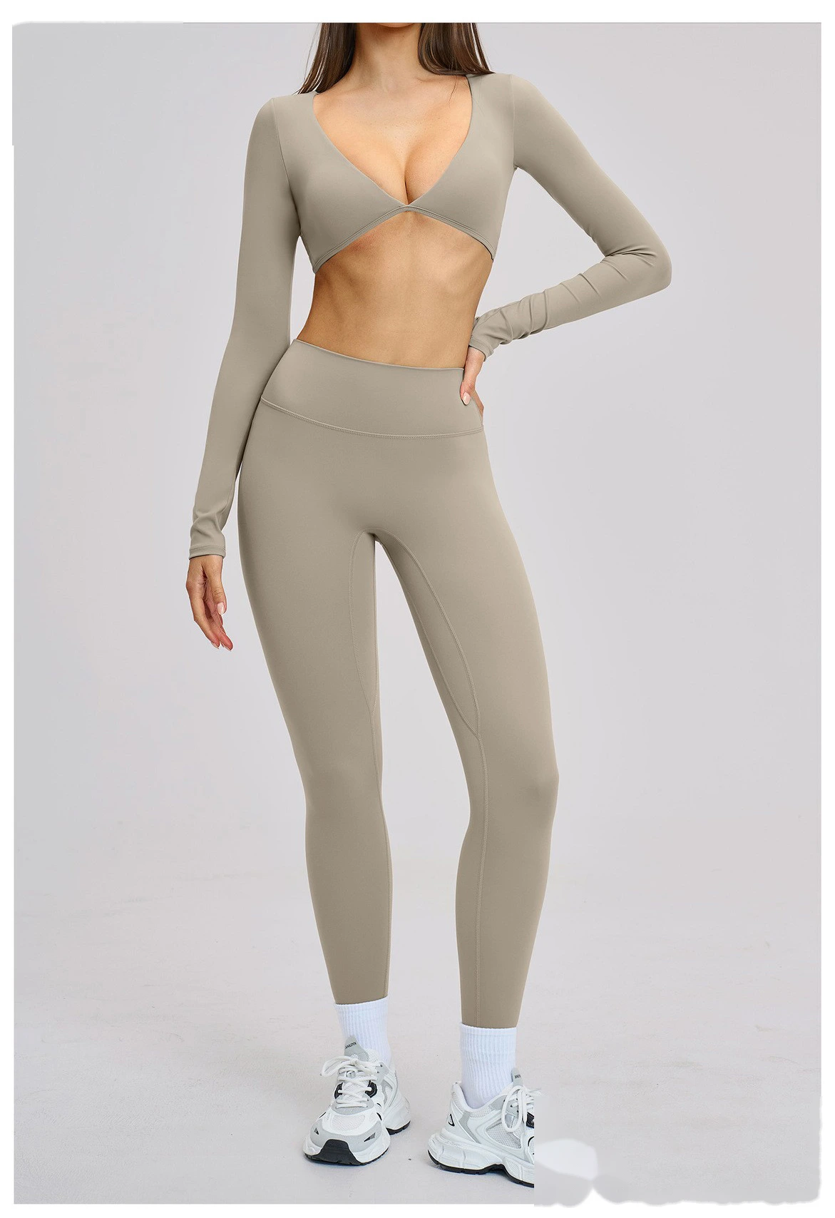 Women’s Custom Long Sleeve V-Neck Cropped Yoga Top Outdoor Fitness Workout Running Active Set detail