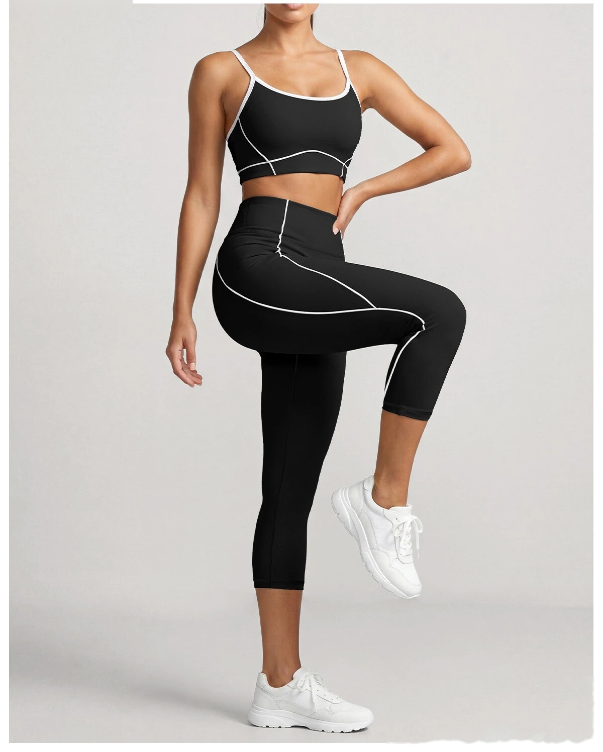 Women Workout Tracksuit, Sleeveless Athletic Vest + High Elastic Seven-Eighths Pants, Breathable Gym Clothing Set detail
