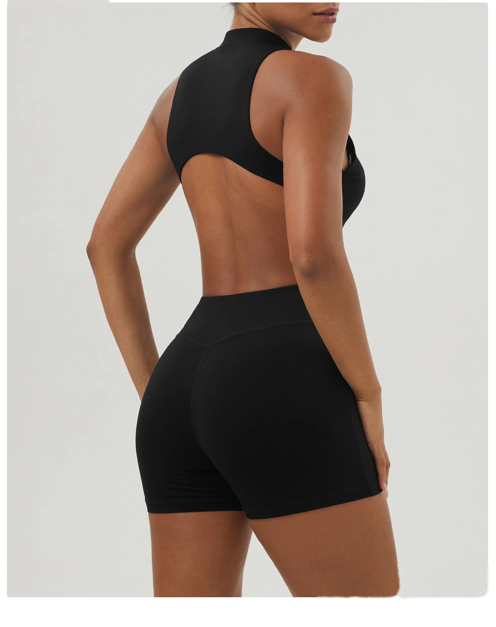 Customized sexy yoga jumpsuit shaping slim zipper stand collar sports jumpsuit shorts fitness suit detail