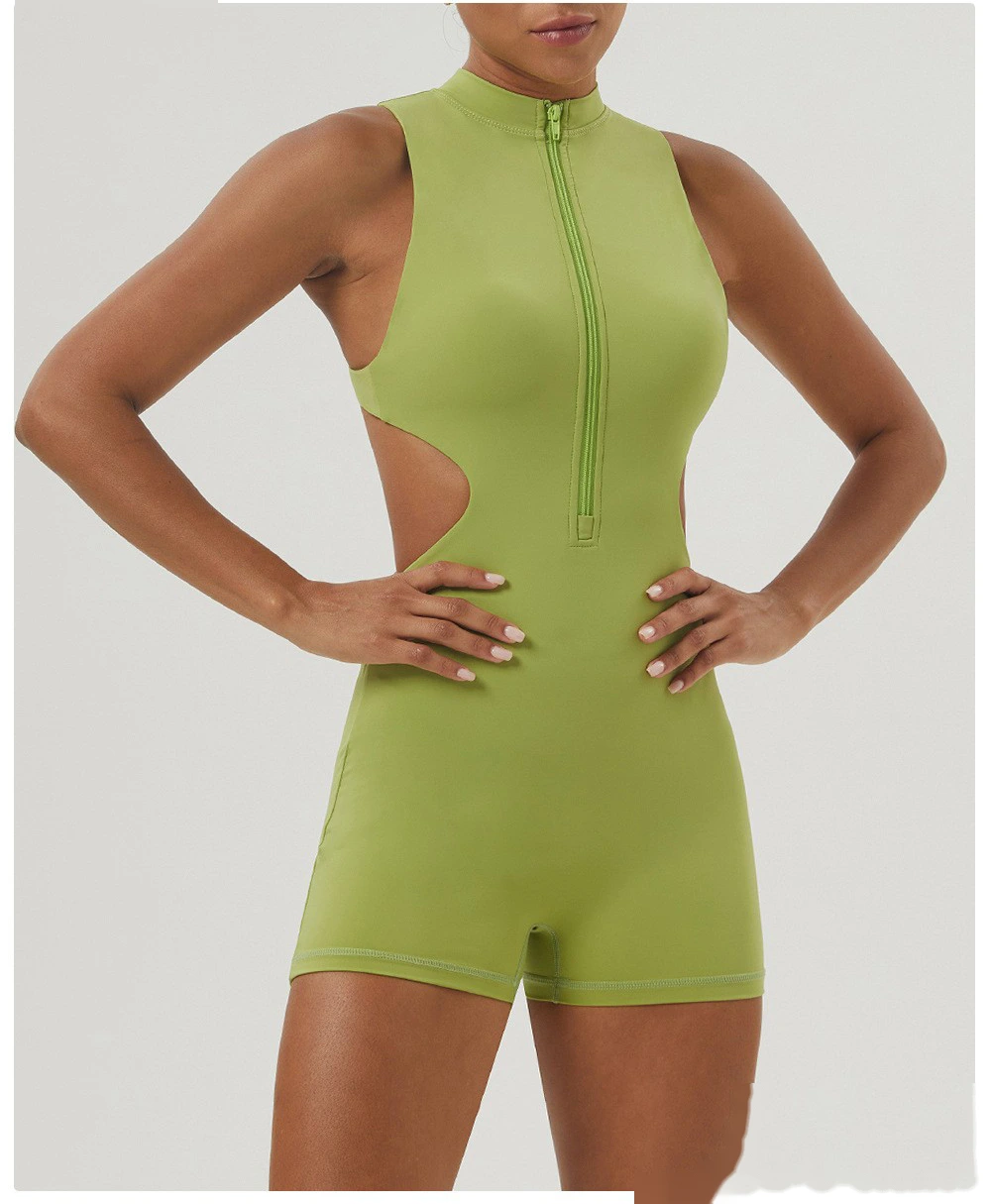 Customized sexy yoga jumpsuit shaping slim zipper stand collar sports jumpsuit shorts fitness suit detail