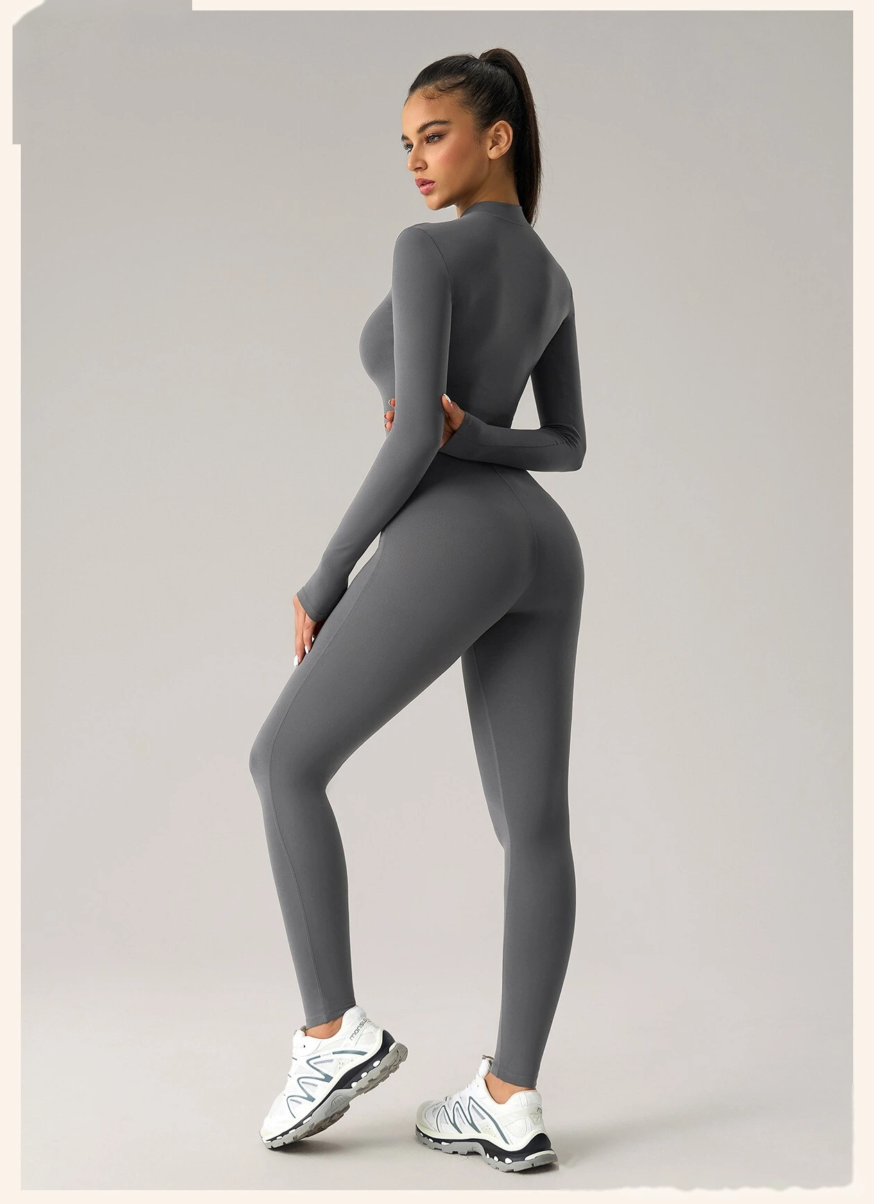 Women’s High Stretch Long Sleeve Half Zip Fitness Jumpsuit Slim Fit Butt Lifting Yoga Workout Bodysuit detail