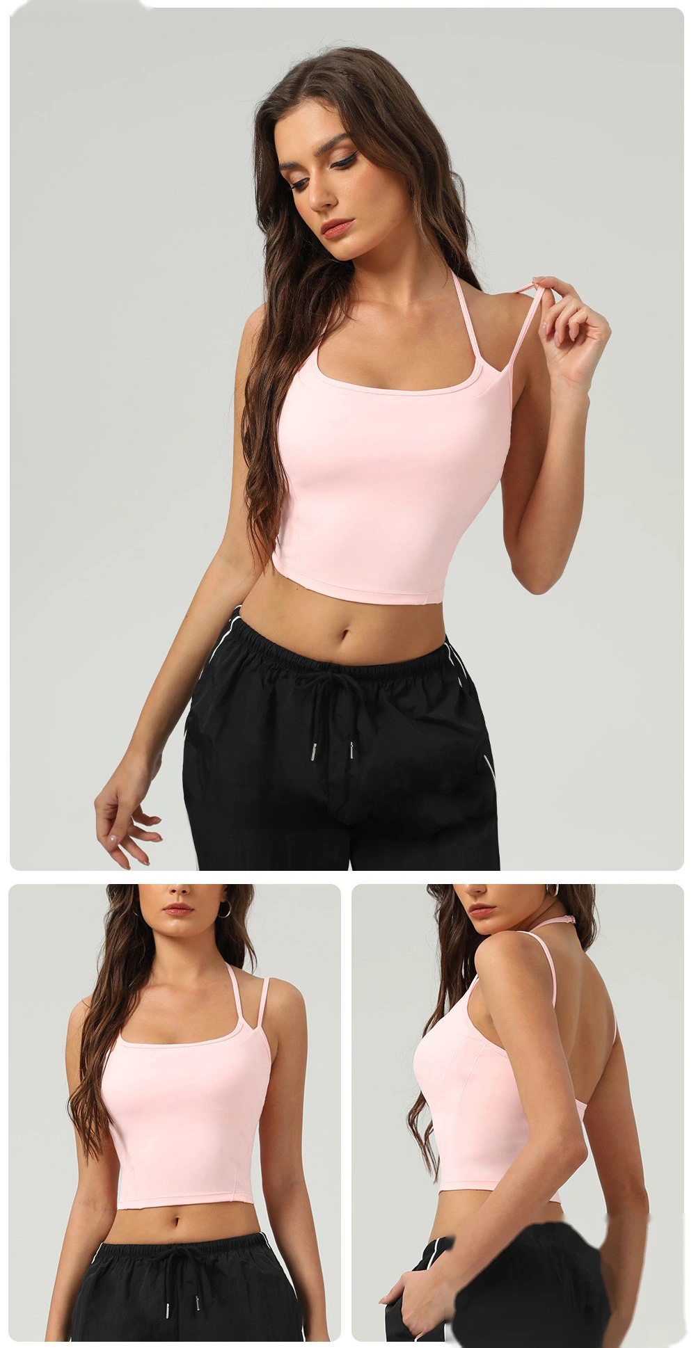 Customized nude contrast top tight waist outdoor sports bra women's thin shoulder strap vest suspender bra detail