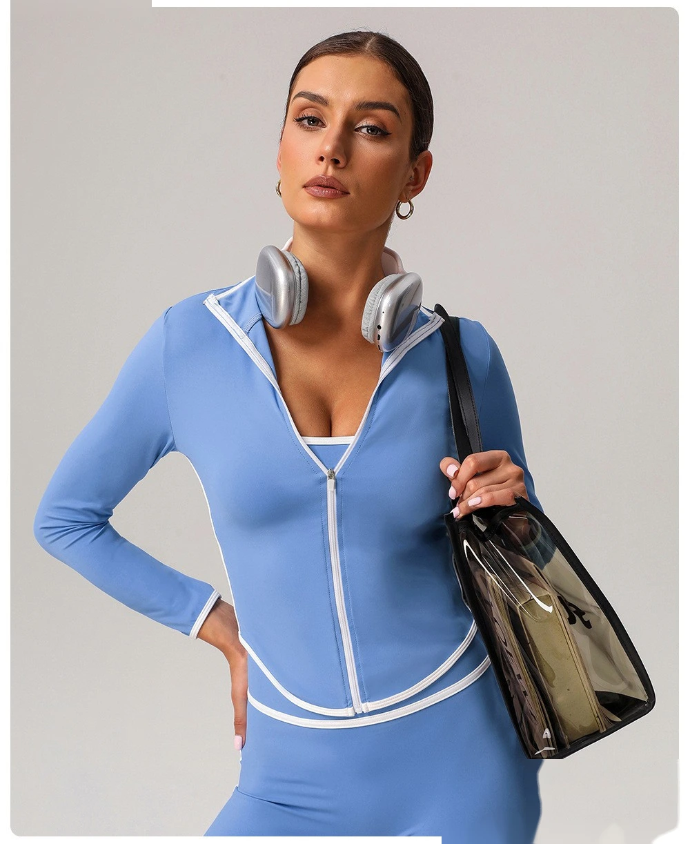 Customized contrast sports yoga coat stand collar long sleeve coat outdoor fitness clothes top detail