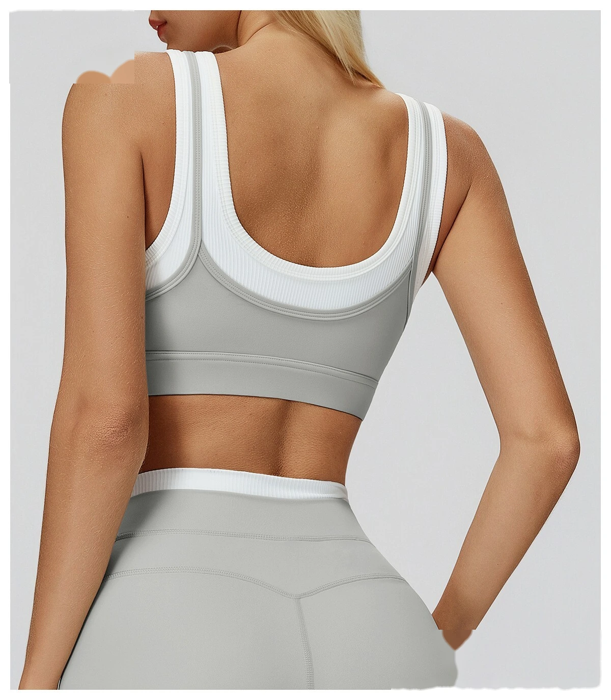 Customizable Naked-Feel Yoga Bra | Women's Fake Two-Piece Ribbed Contrast, Fitness & Running Style detail