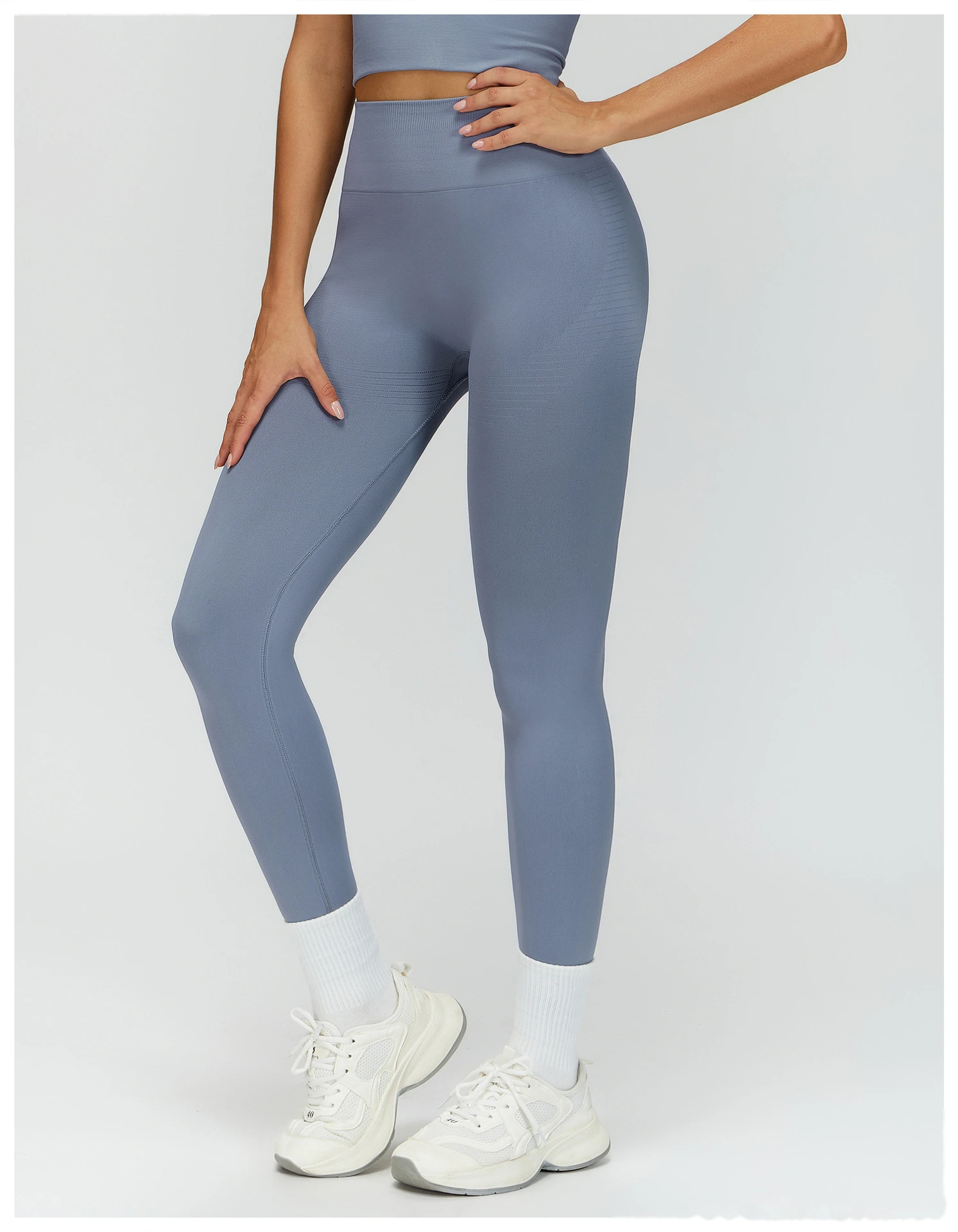 Custom EU/US High-Waisted Yoga Pants - Seamless Butt-Lifting Ribbed Waist Tummy-Control Leggings for Running Gym detail