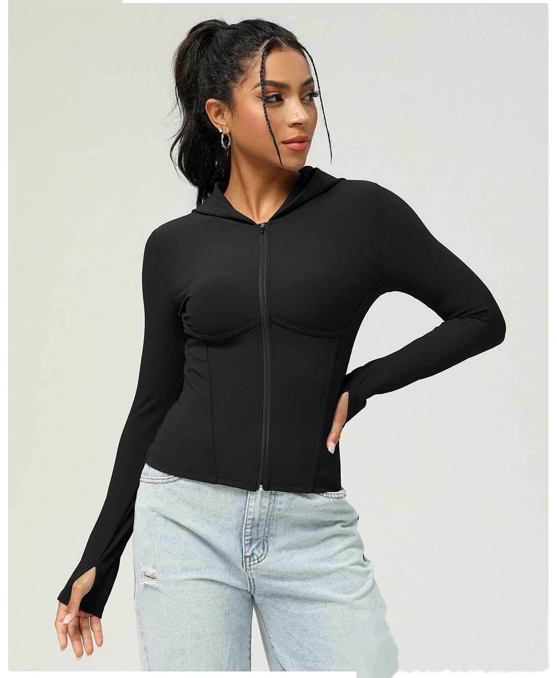 Custom slim hooded sports coat long sleeve autumn and winter yoga coat leisure sports coat women detail