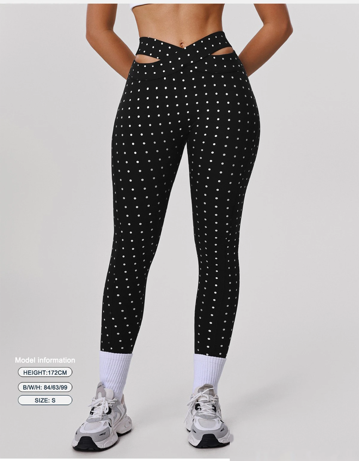 Bulk Custom Polka Dot Yoga Leggings - Women's High-Waisted Cross Cutout Butt-Lifting Sports Pants detail