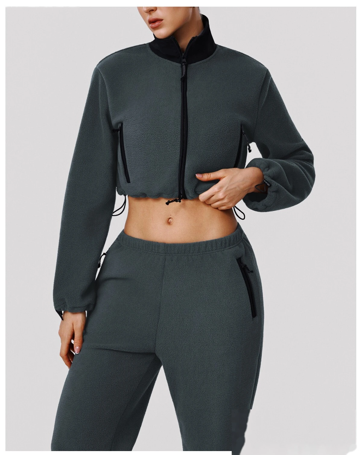 Custom Fleece Lounge Set - Women's Winter Warm Stand Collar Jacket & Wide-Leg Pants Sports Suit detail