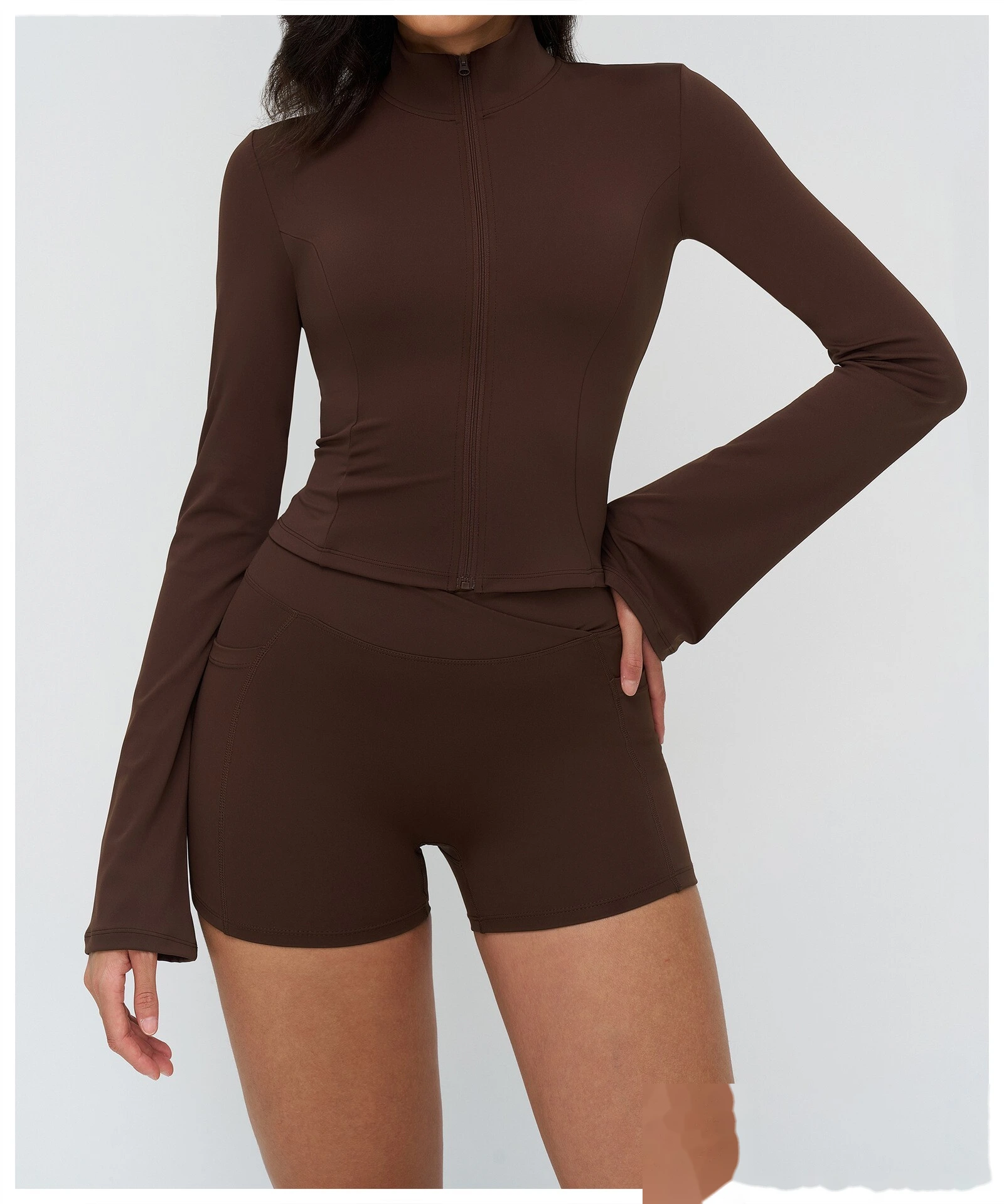Custom Stand Collar Zip-Up Flare Sleeve Jacket - Outdoor Yoga Running Sports Coat detail