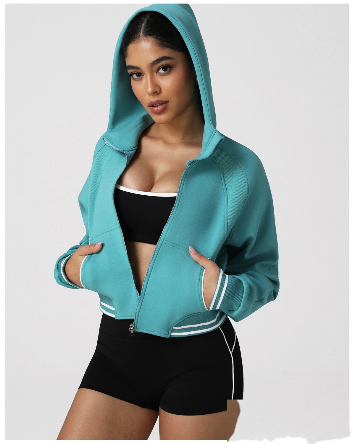 Women's Custom Thickened Color-Block Hooded Jacket for Autumn-Winter | Warm, Ideal for Yoga & Fitness detail