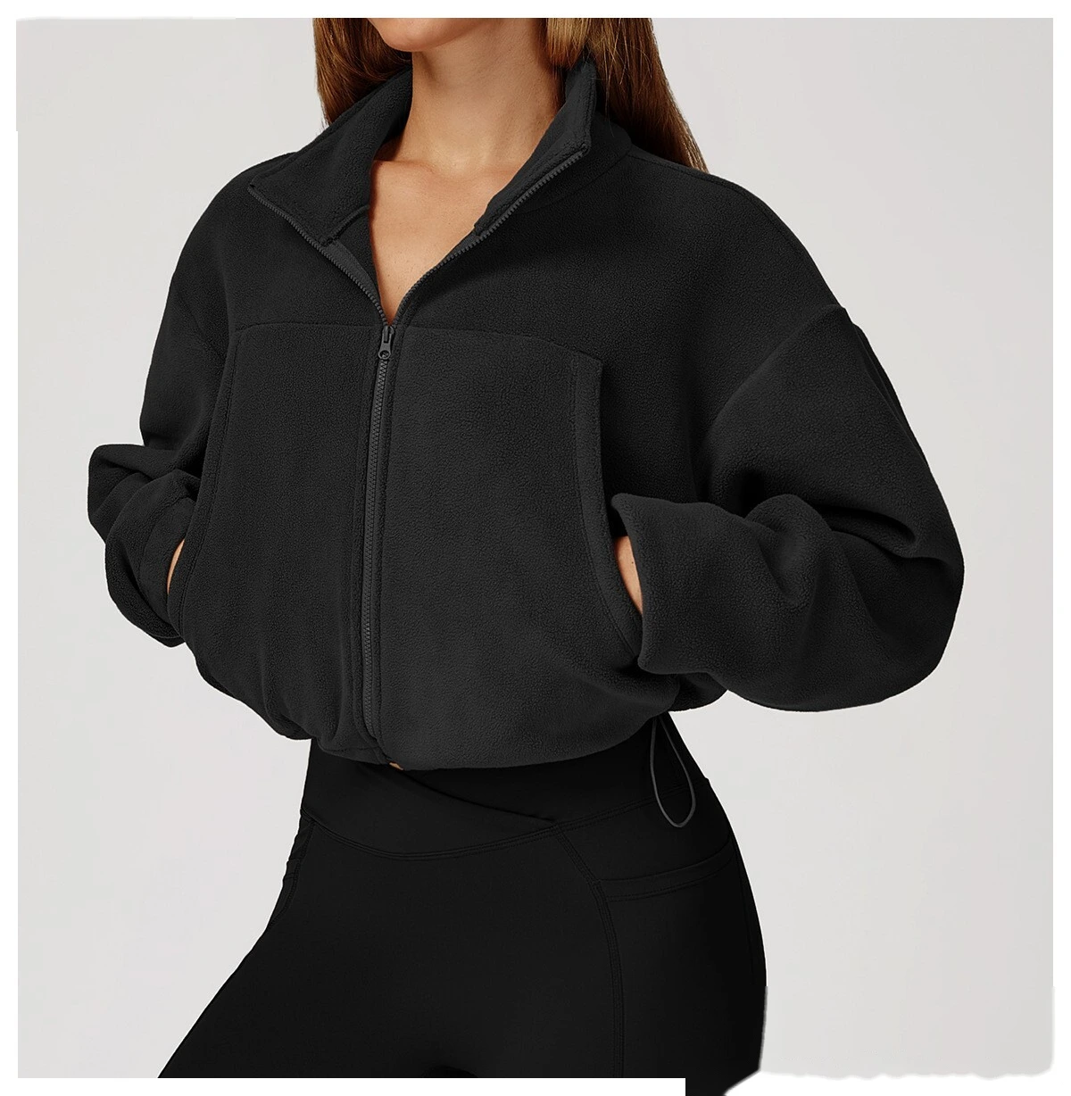 Customized Stand-Collar Windproof Warm Polar Fleece Drawstring Jacket - Women’s Fleece-Lined Athletic Sweatshirt detail