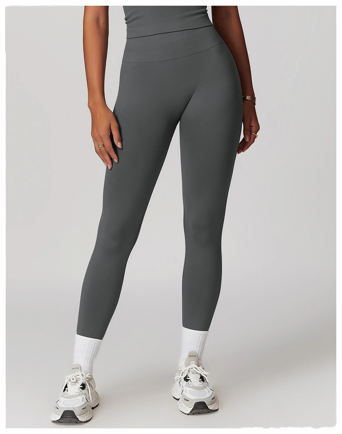 Custom EU/US High-Waisted Yoga Pants - Seamless Butt-Lifting Ribbed Waist Tummy-Control Leggings for Running Gym detail