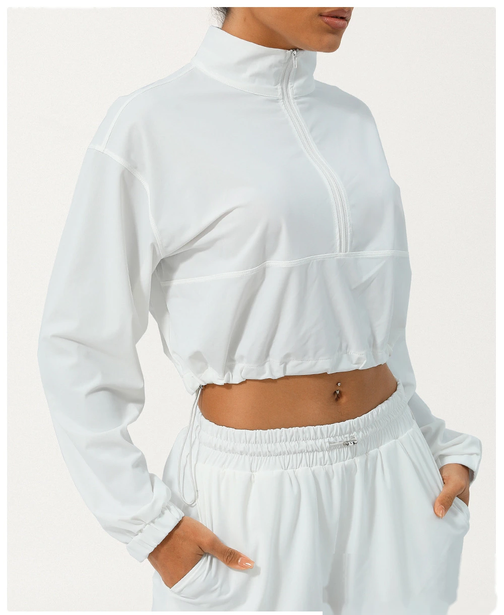 Customized semi-zipper turtleneck sunscreen yoga suit jacket UV-proof outdoor drawstring hooded sun-protective clothing detail