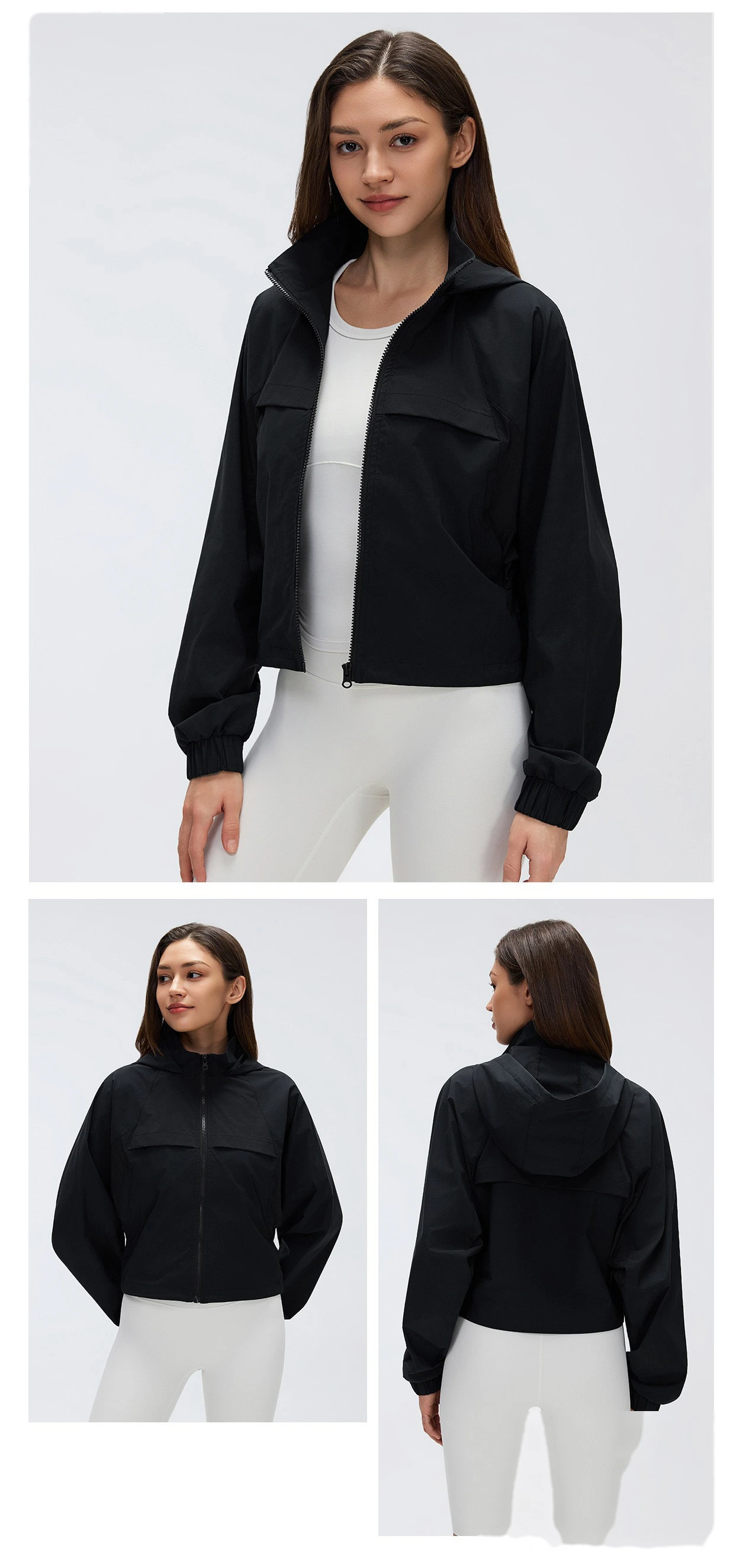 Women’s Short Hooded Sports Jacket Water Resistant Loose Fit Outdoor Workout Quick Dry Outerwear detail