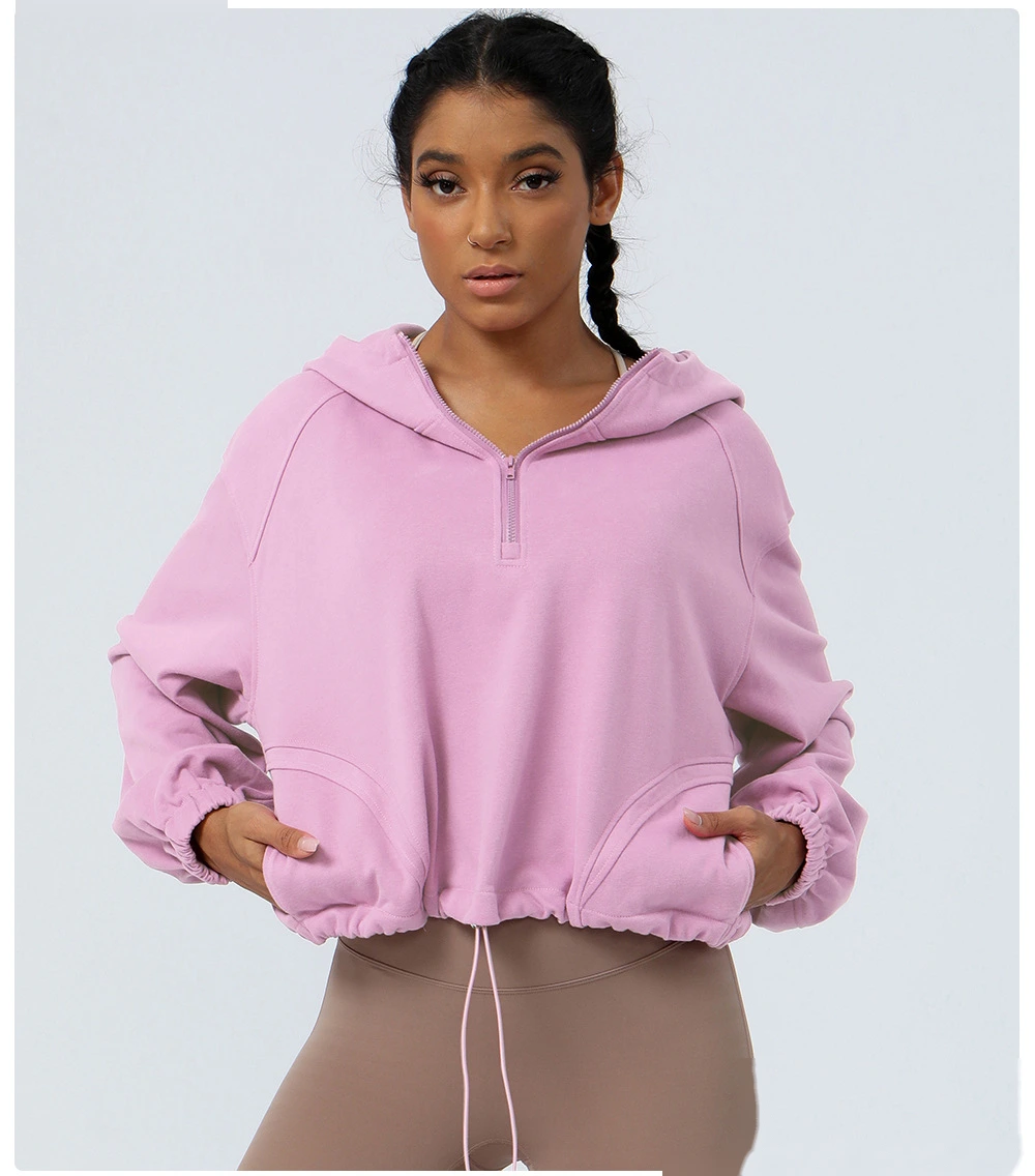 Custom hooded zipper loose yoga fitness jacket women's outdoor running coat long sleeve sweater detail
