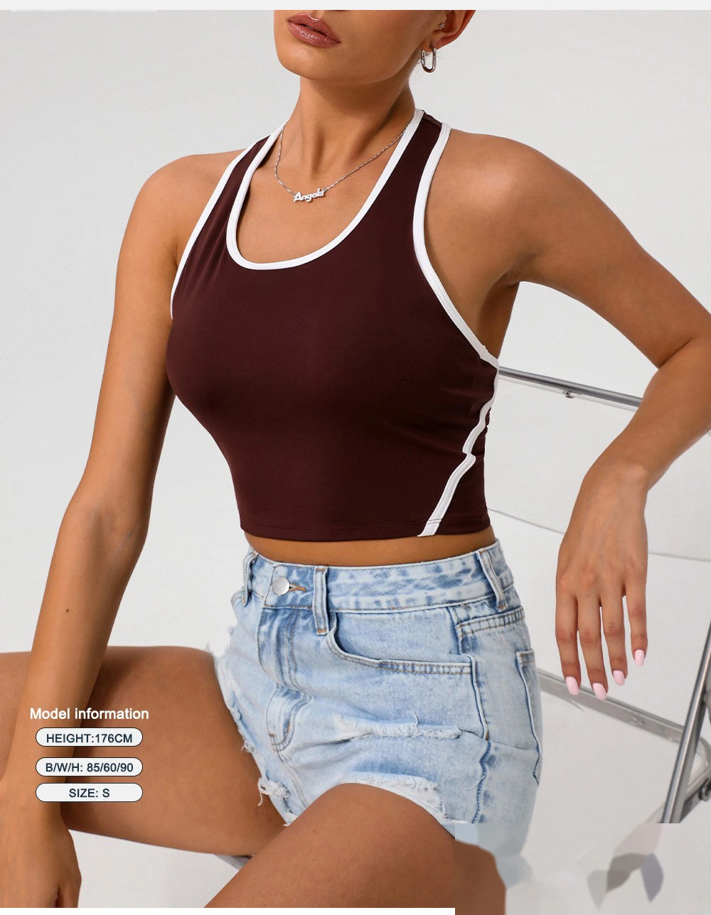 Custom-made tight-fitting nude contrast sports fitness underwear female worker word beautiful back yoga vest detail