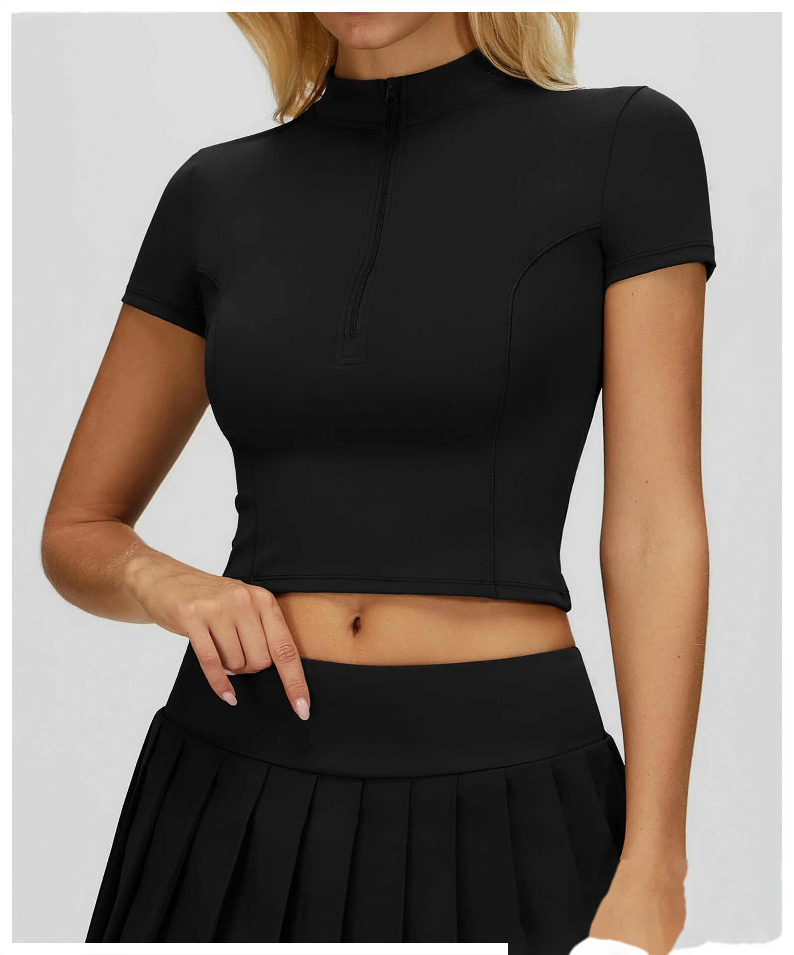 Custom Women’s Naked-Feel Running Top - Stand-Collar Zipper Tight Fitness Yoga Short Sleeve T-Shirt detail