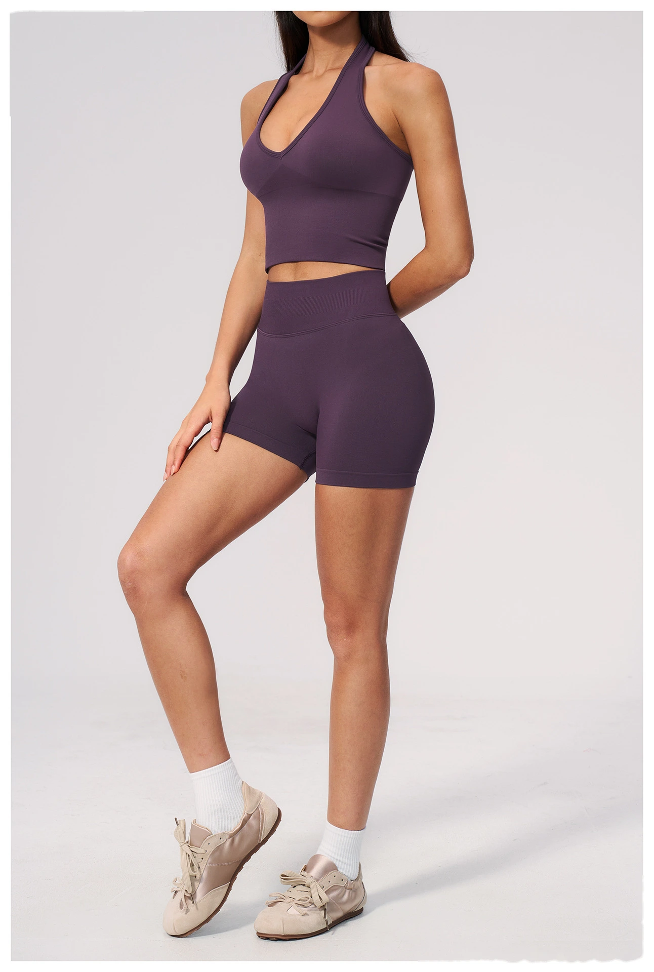 Custom Logo Seamless Sports Two Piece Set, Halter Neck V Front Yoga Top, High Waist Tummy & Hip Shaping Fitness Suit detail