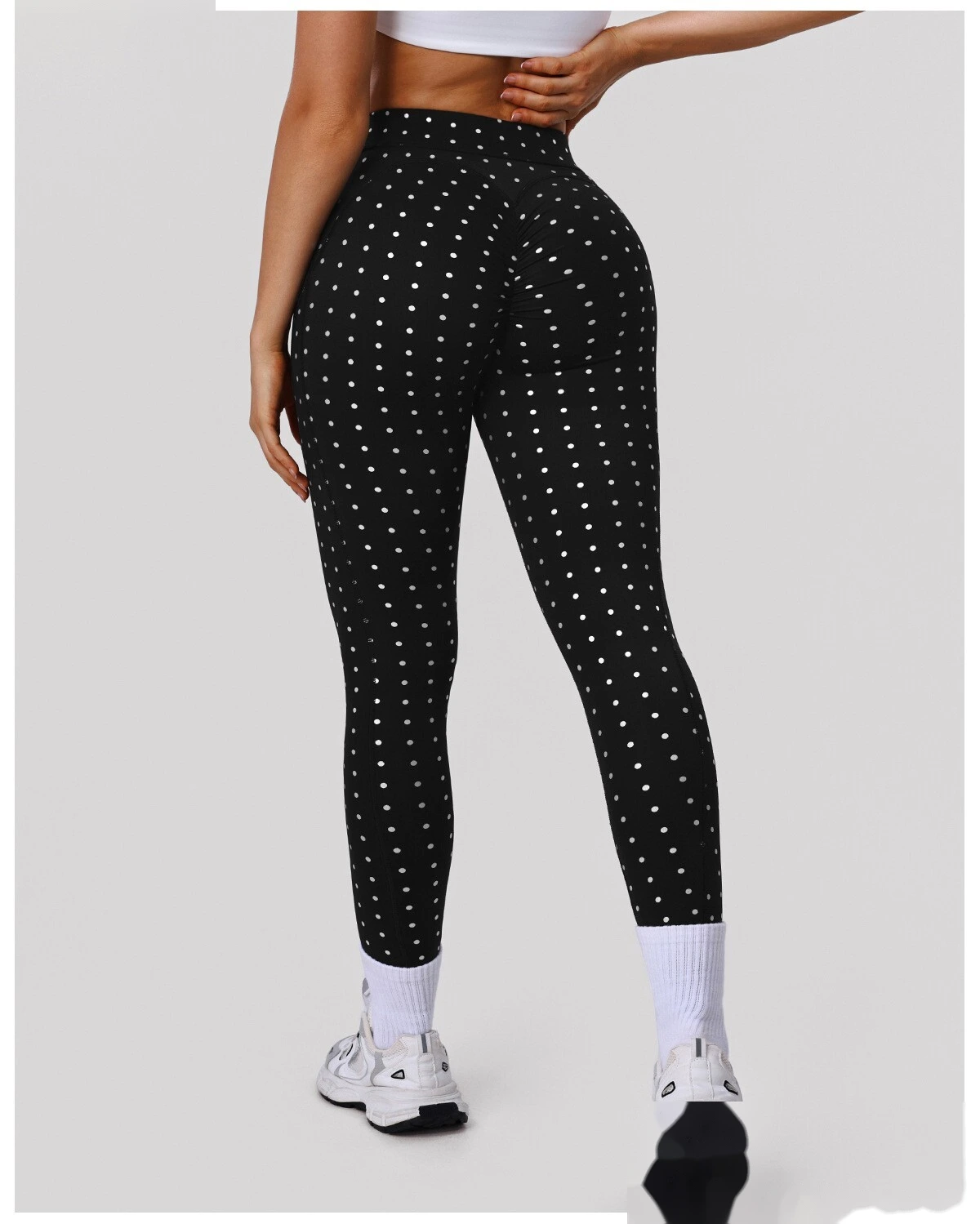 Bulk Custom Polka Dot Yoga Leggings - Women's High-Waisted Cross Cutout Butt-Lifting Sports Pants detail