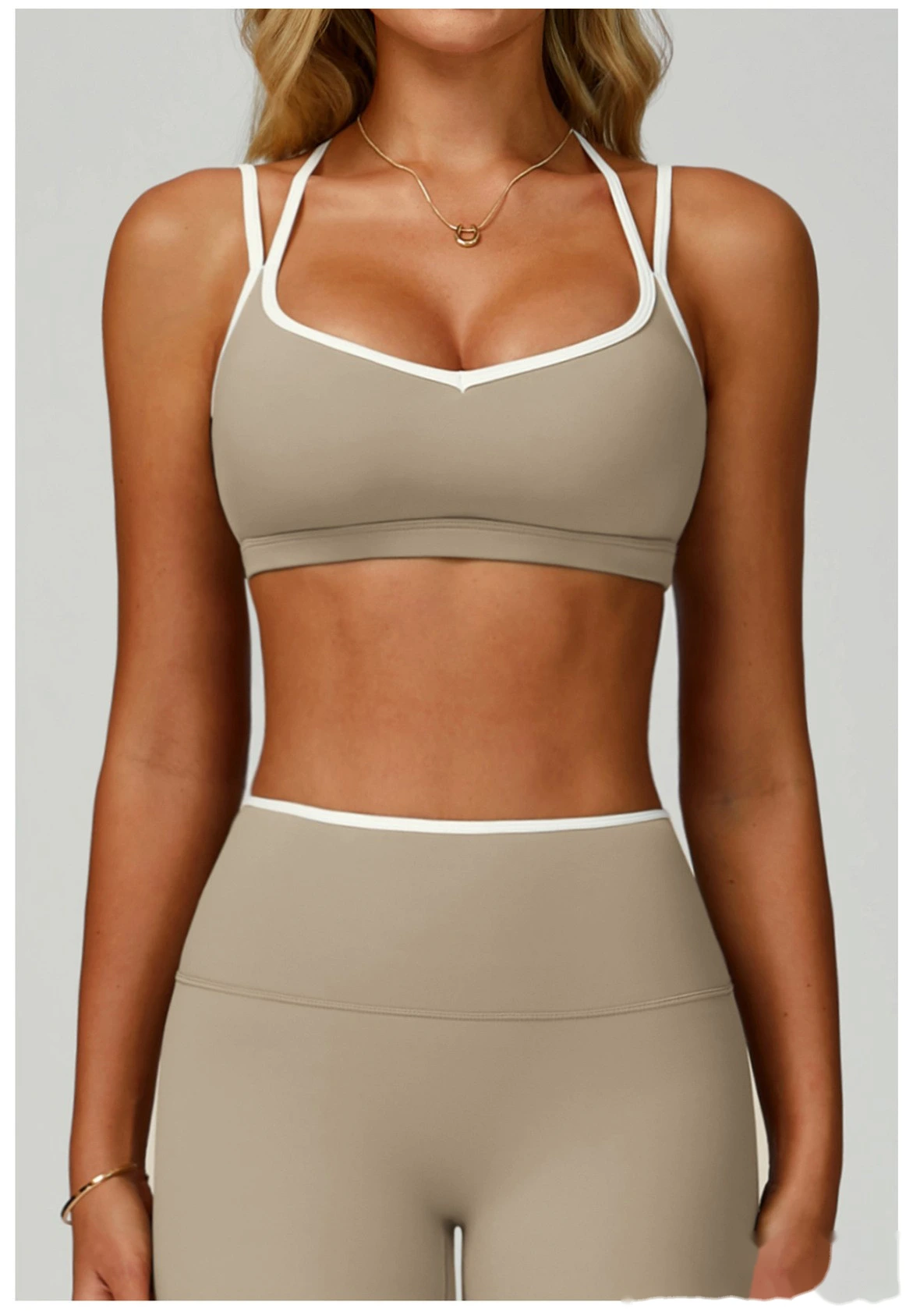 Custom contrast nude tight cross back sports vest running fitness yoga bra detail