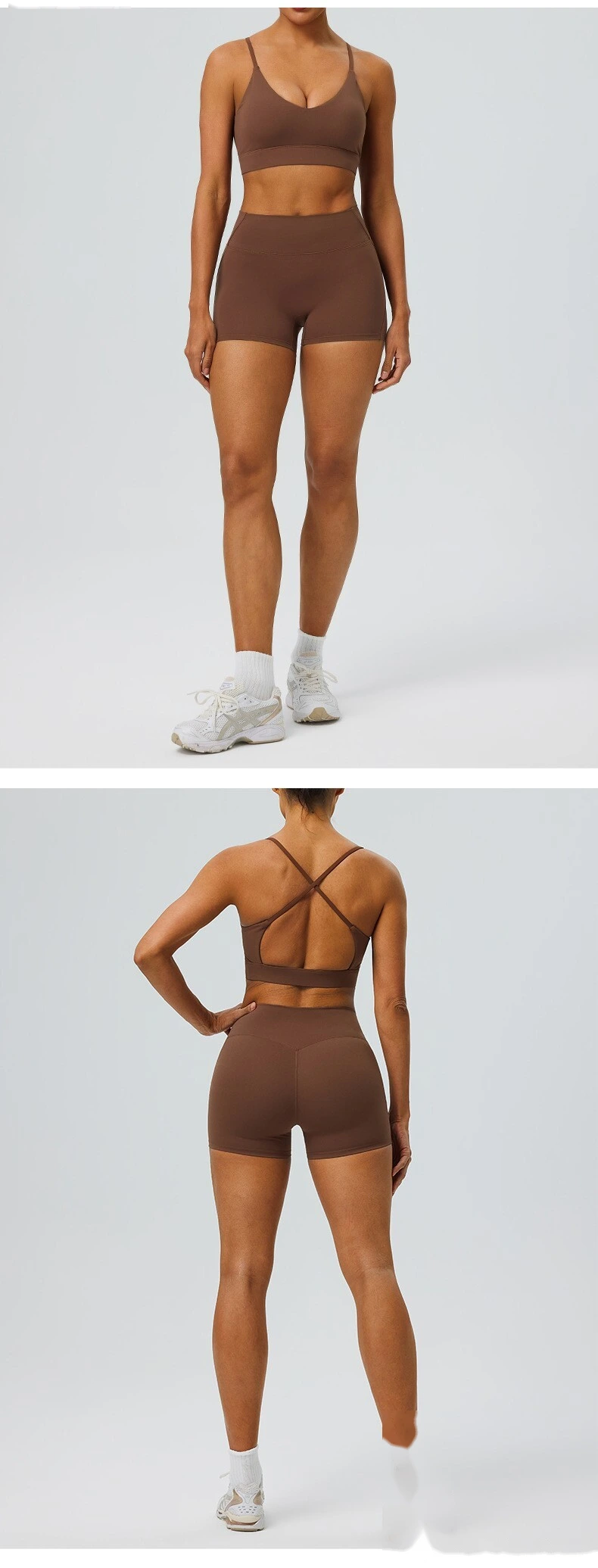 Custom Women’s Breathable Quick Dry Active Set Beauty Back Sports Bra High Waist Gym Shorts Fitness 2 Piece Outfit detail