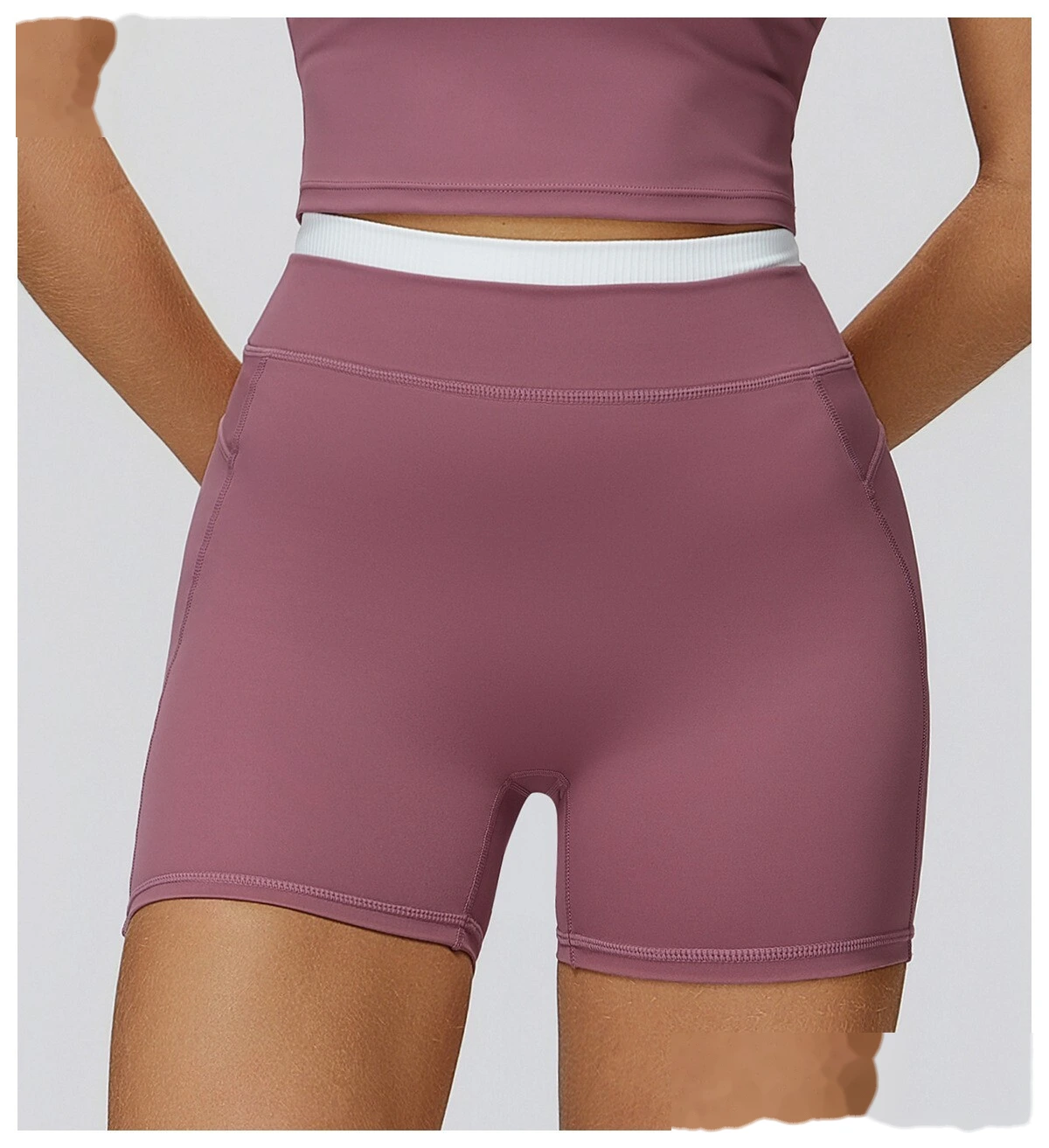 Customizable Naked-Feel Sports Shorts | Women's Contrast Ribbed High-Waist, Tight-Fit Yoga & Running Style detail