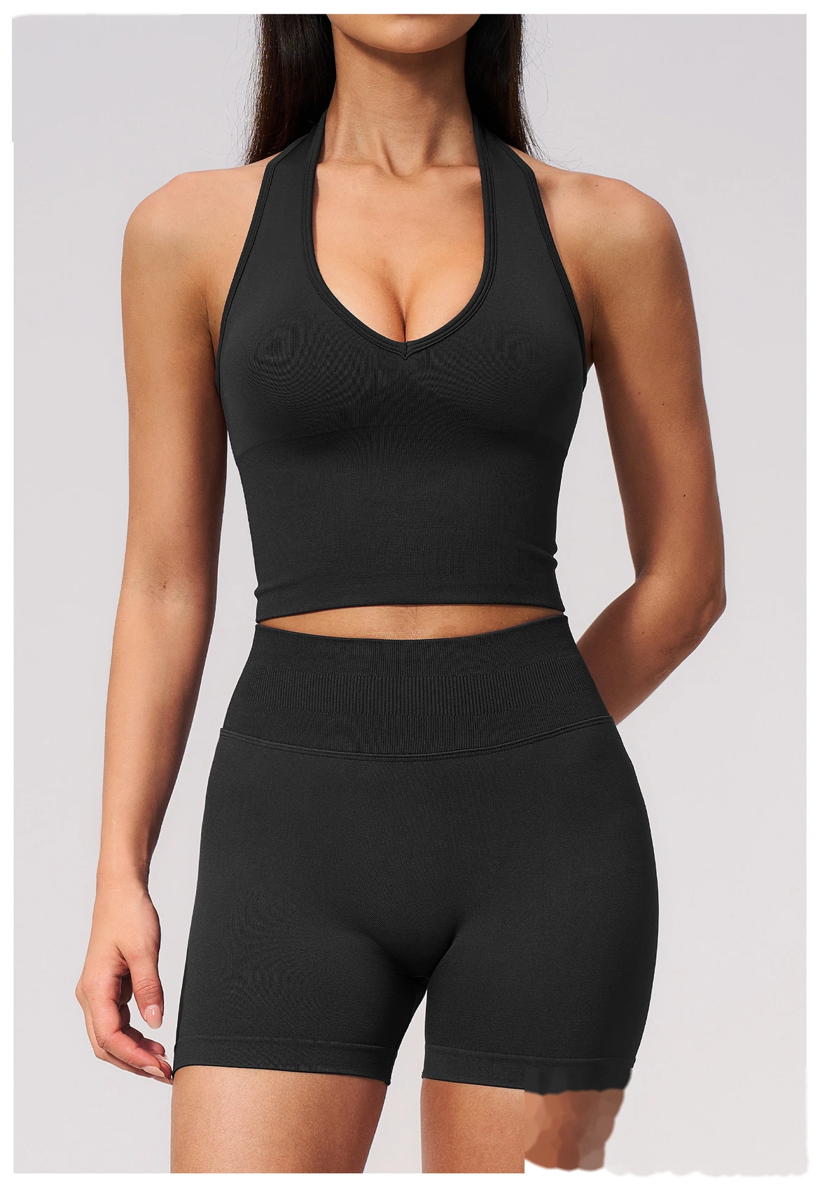 Custom Logo Seamless Sports Two Piece Set, Halter Neck V Front Yoga Top, High Waist Tummy & Hip Shaping Fitness Suit detail