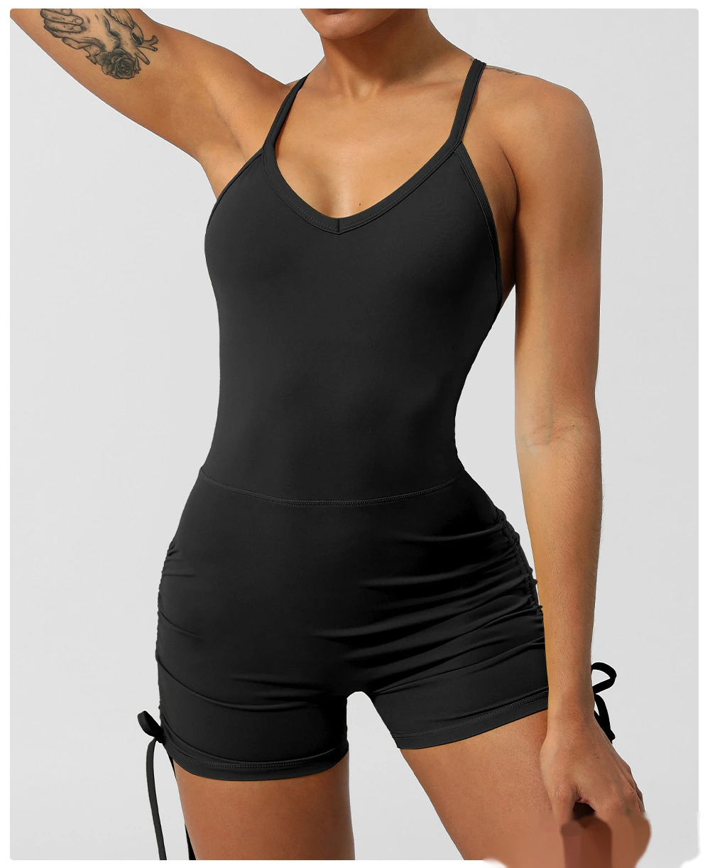 Custom-made European and American thin ribbon cross back yoga clothes tight shorts jumpsuit with chest pad detail