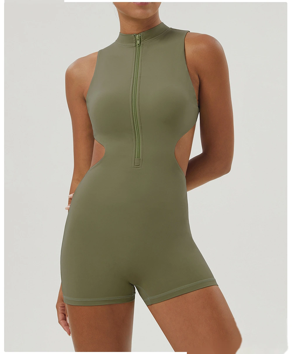 Customized sexy yoga jumpsuit shaping slim zipper stand collar sports jumpsuit shorts fitness suit detail