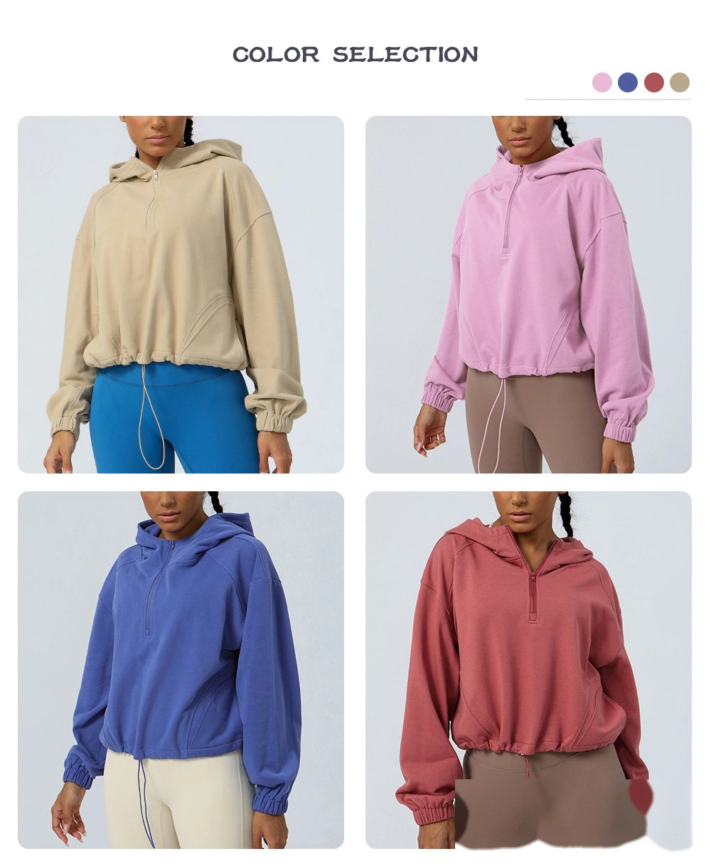 Custom hooded zipper loose yoga fitness jacket women's outdoor running coat long sleeve sweater detail
