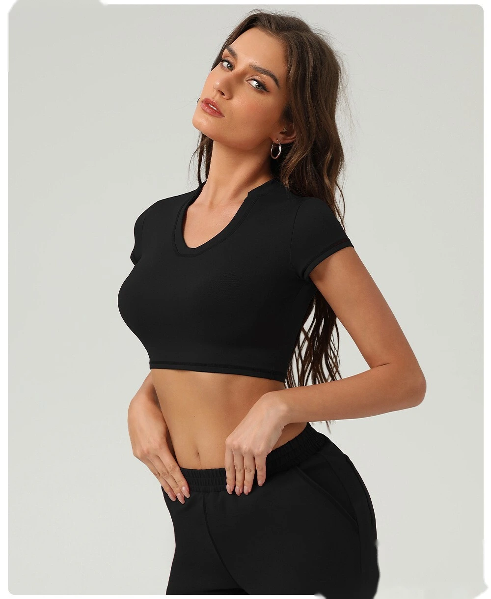 Yoga sports shirt female summer short sleeve high elastic tight yoga fitness T-shirt detail
